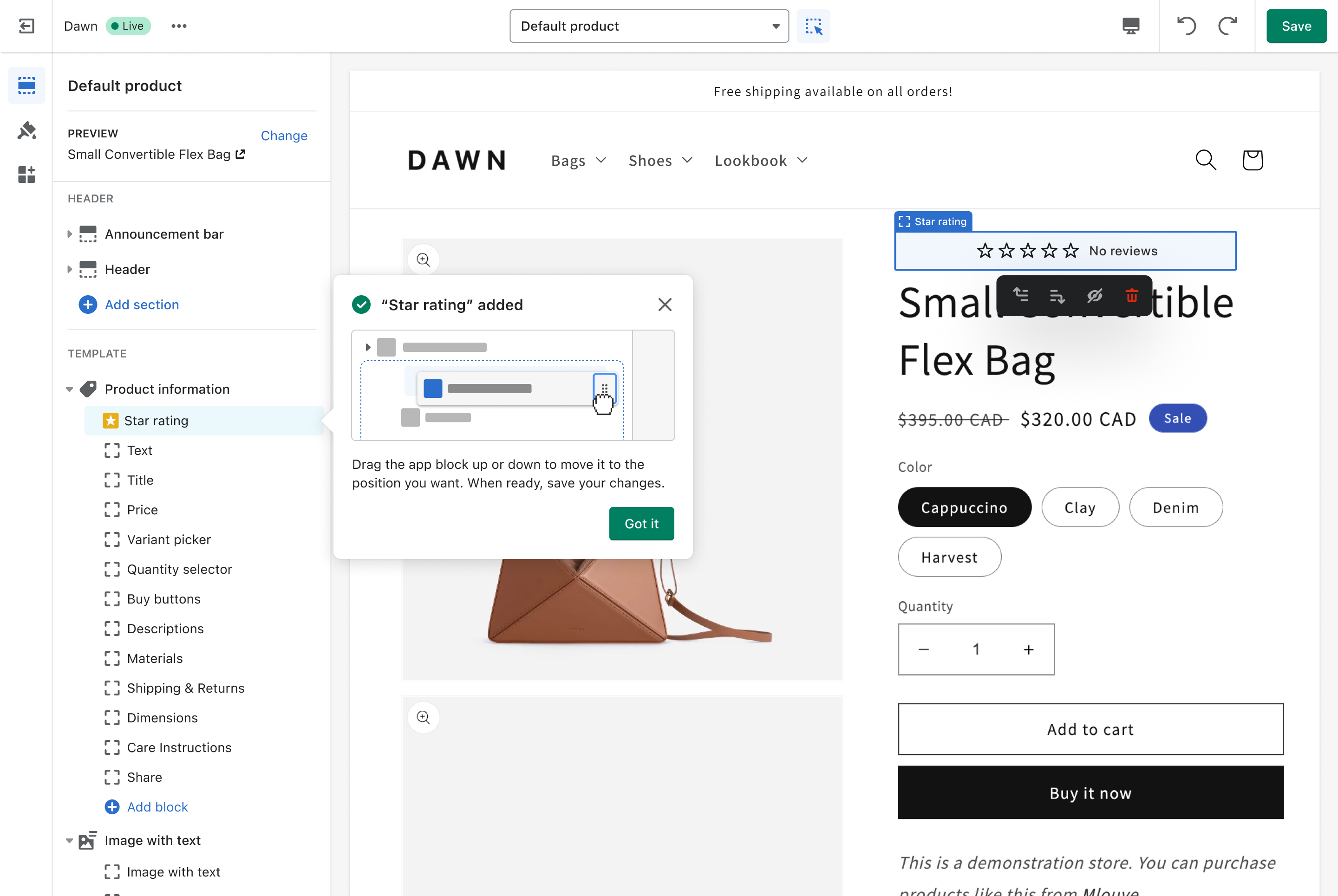An example of an app block added to a section. The section is beside a product image and is for a product star ratings app block.