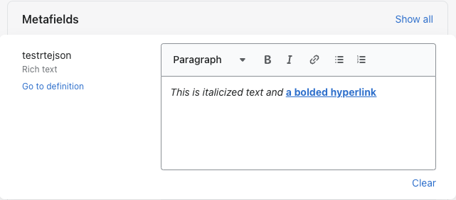 The rich text editor, showing the words