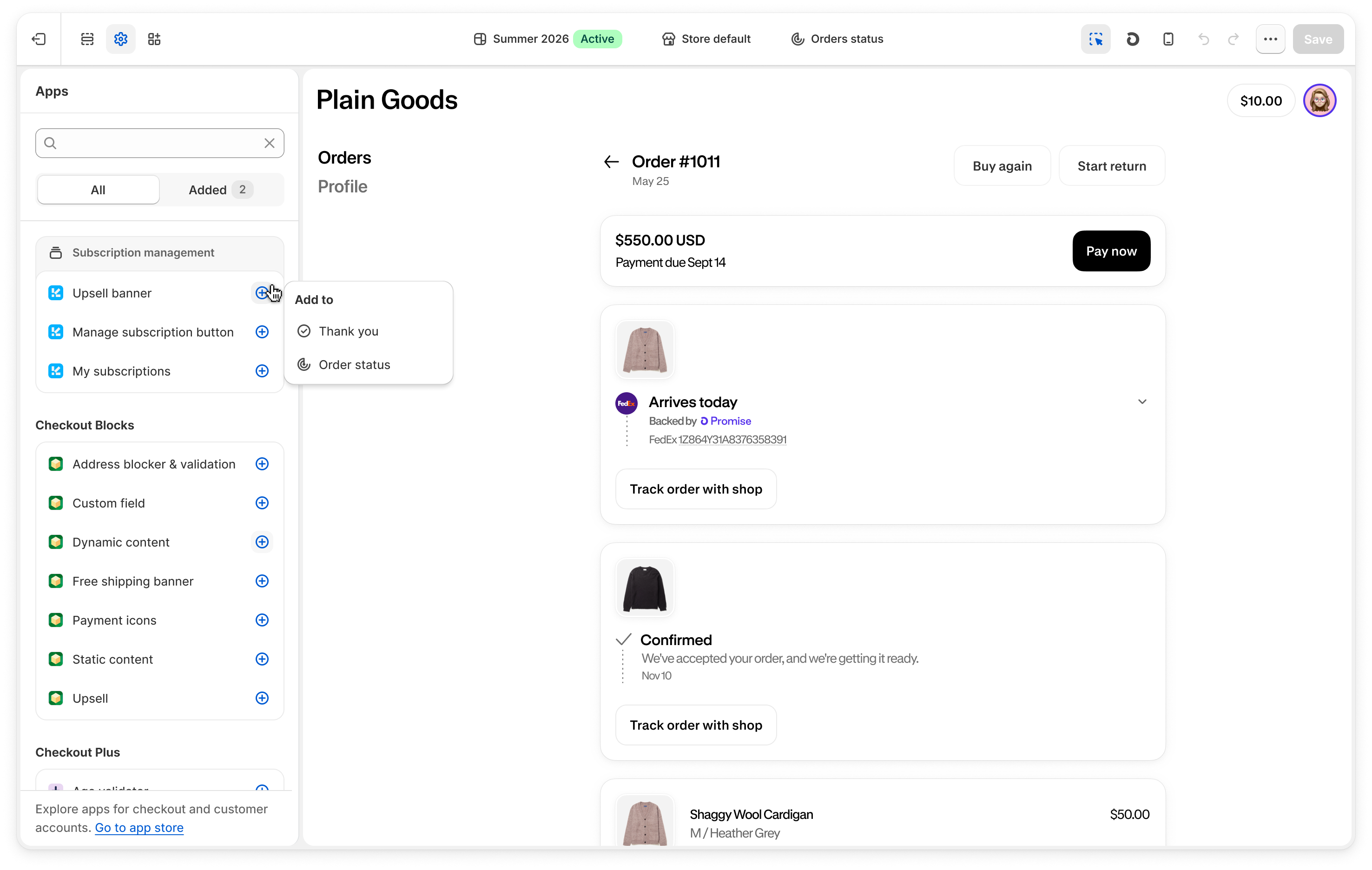The editor extension collection in the checkout and accounts editor