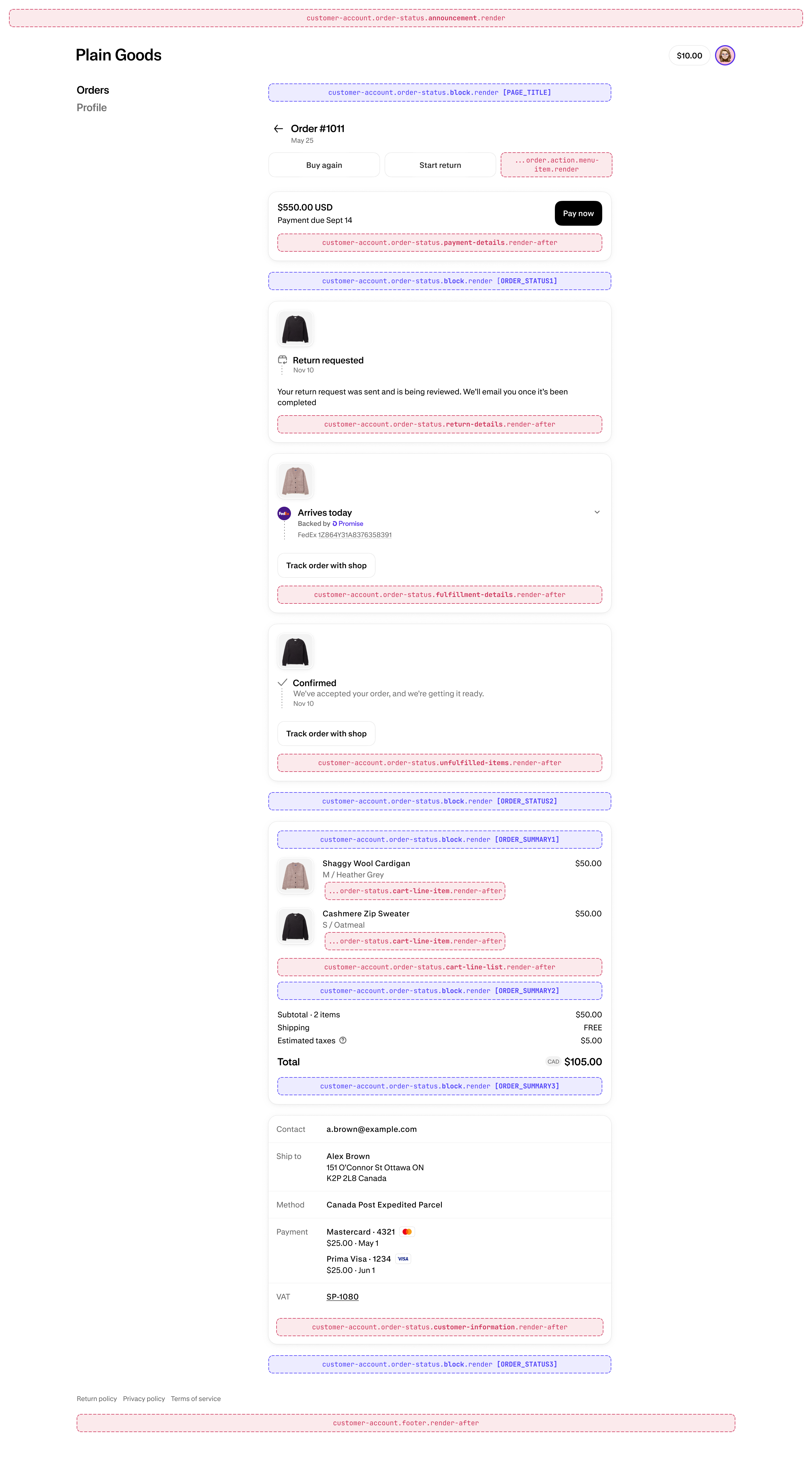 Diagram of the Order status page in customer accounts, showing where extension targets render on the page.