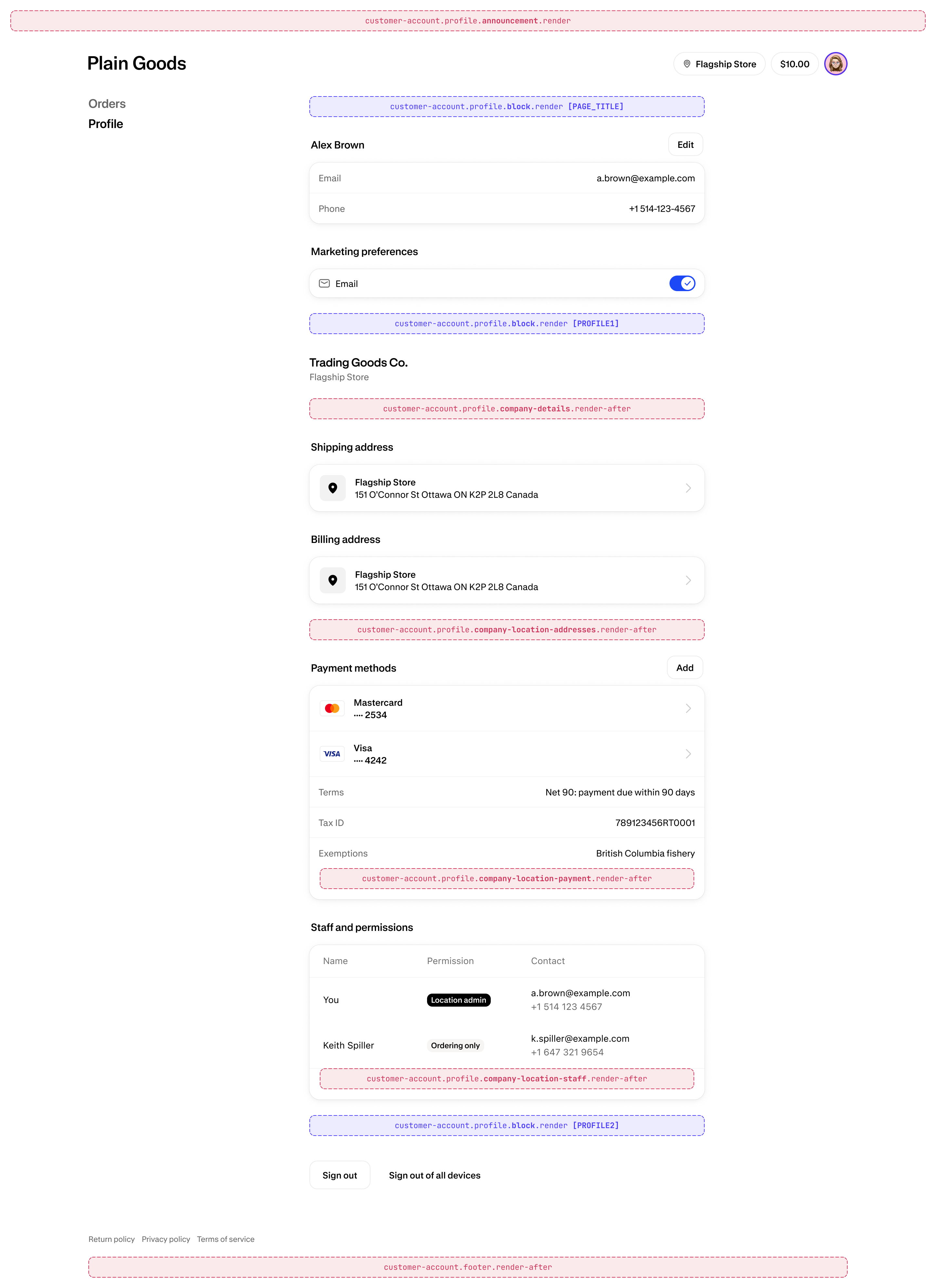 Diagram of the Profile page for B2B customers, showing where extension targets render on the page.