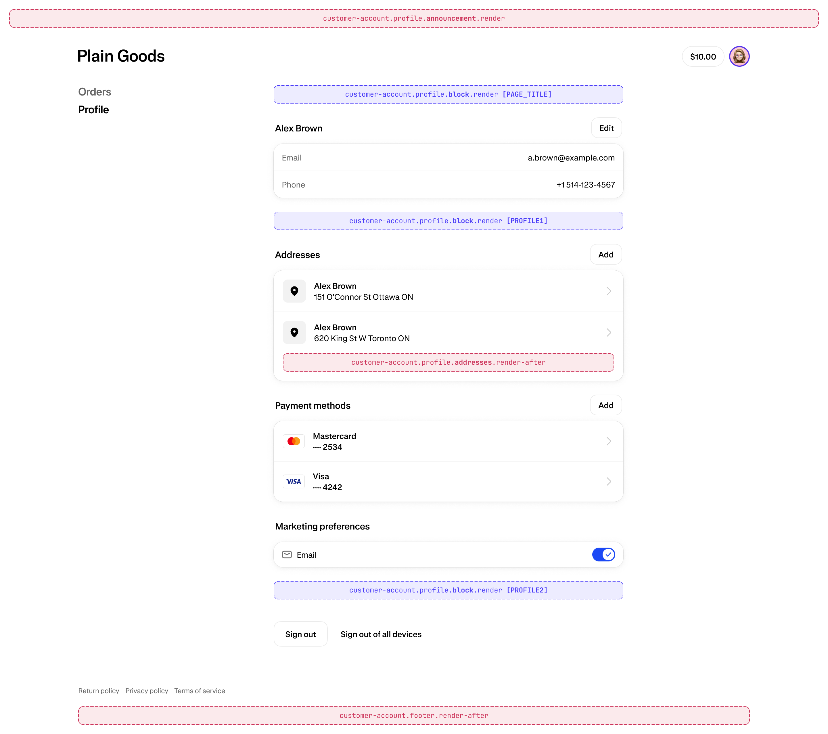 Diagram of the default Profile page in customer accounts, showing where extension targets render on the page.