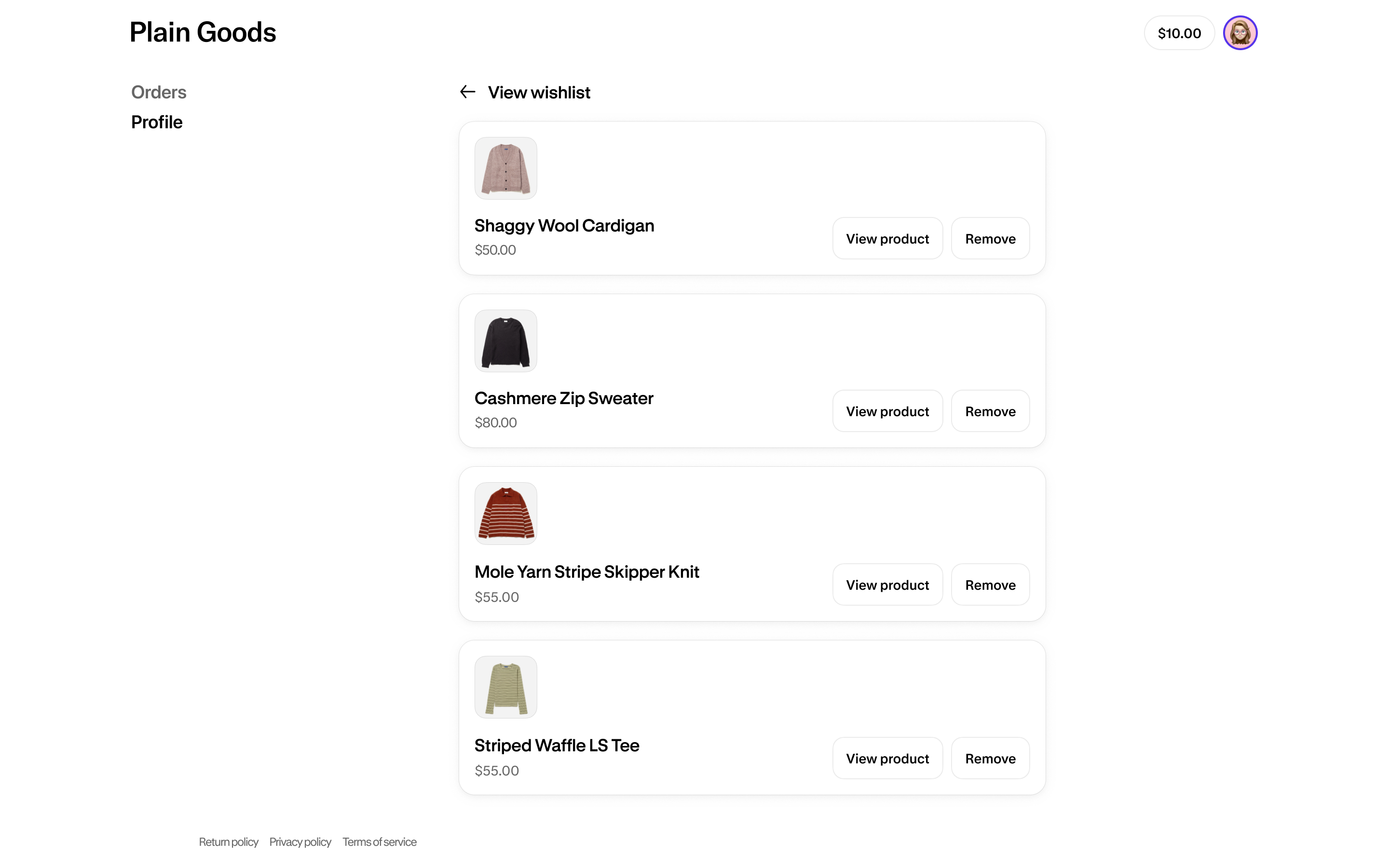 A preview of the wishlist full-page extension UI, built with page and section components.
