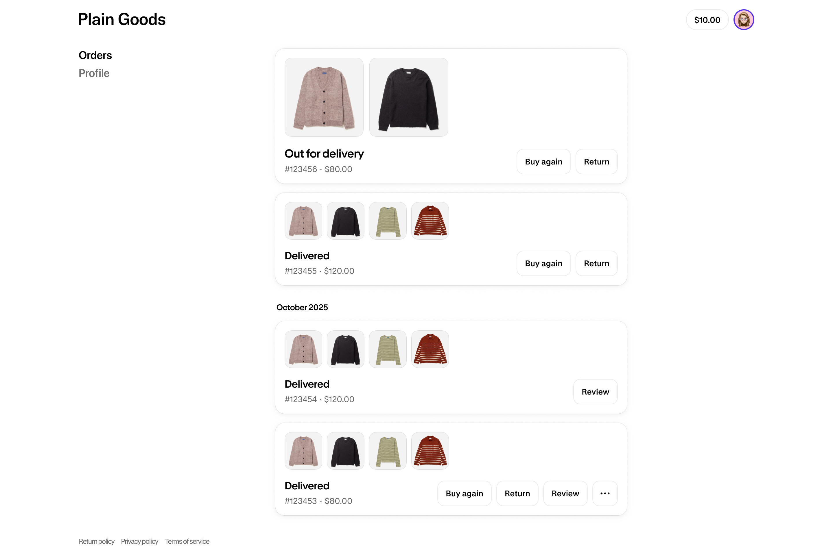 The Order index page showing a list of apparel orders with fulfillment statuses and order actions, such as Buy again and Return.