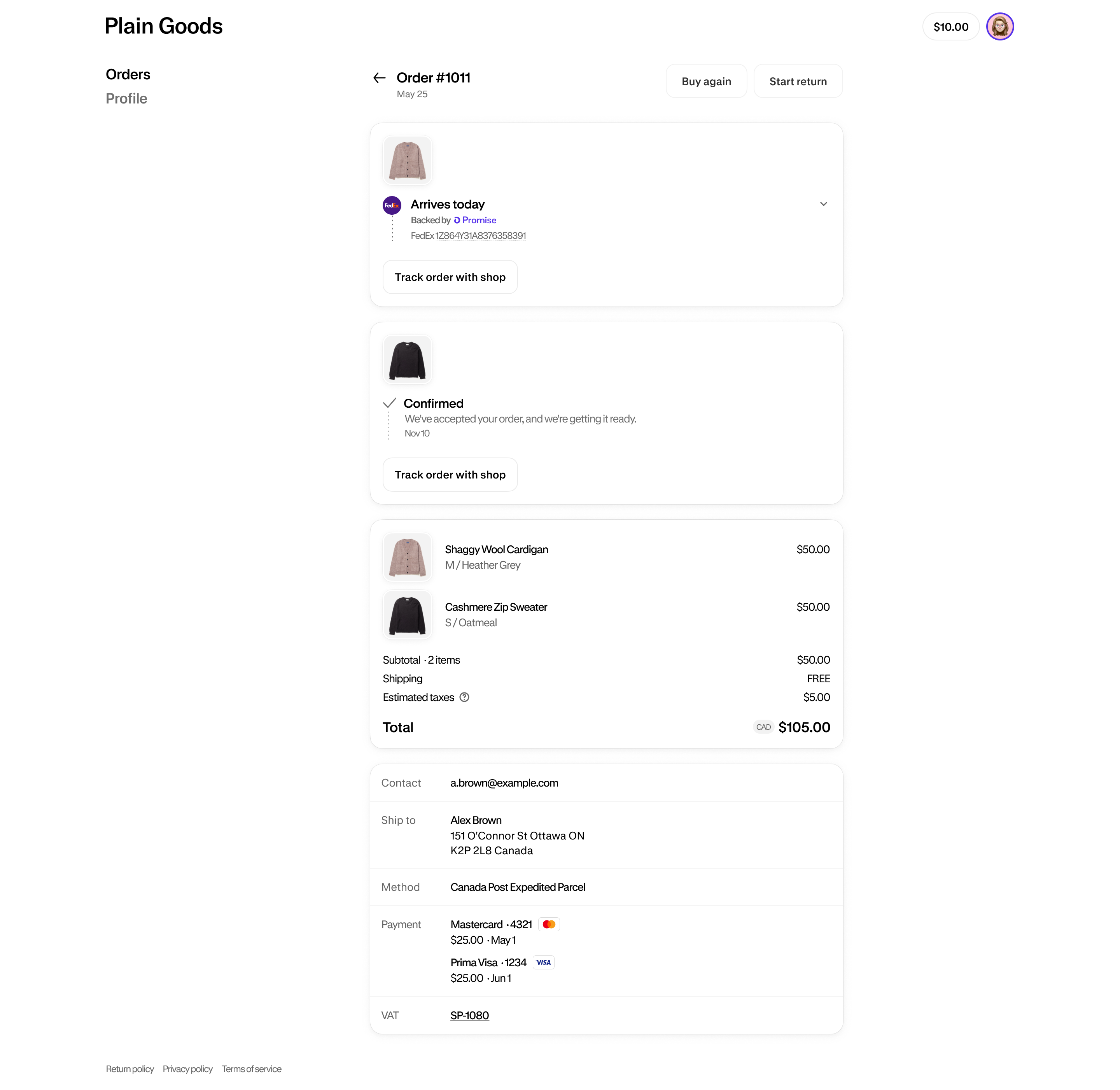 The Order status page showing order actions, delivery updates, an order summary, contact information, shipping details, and payment information.