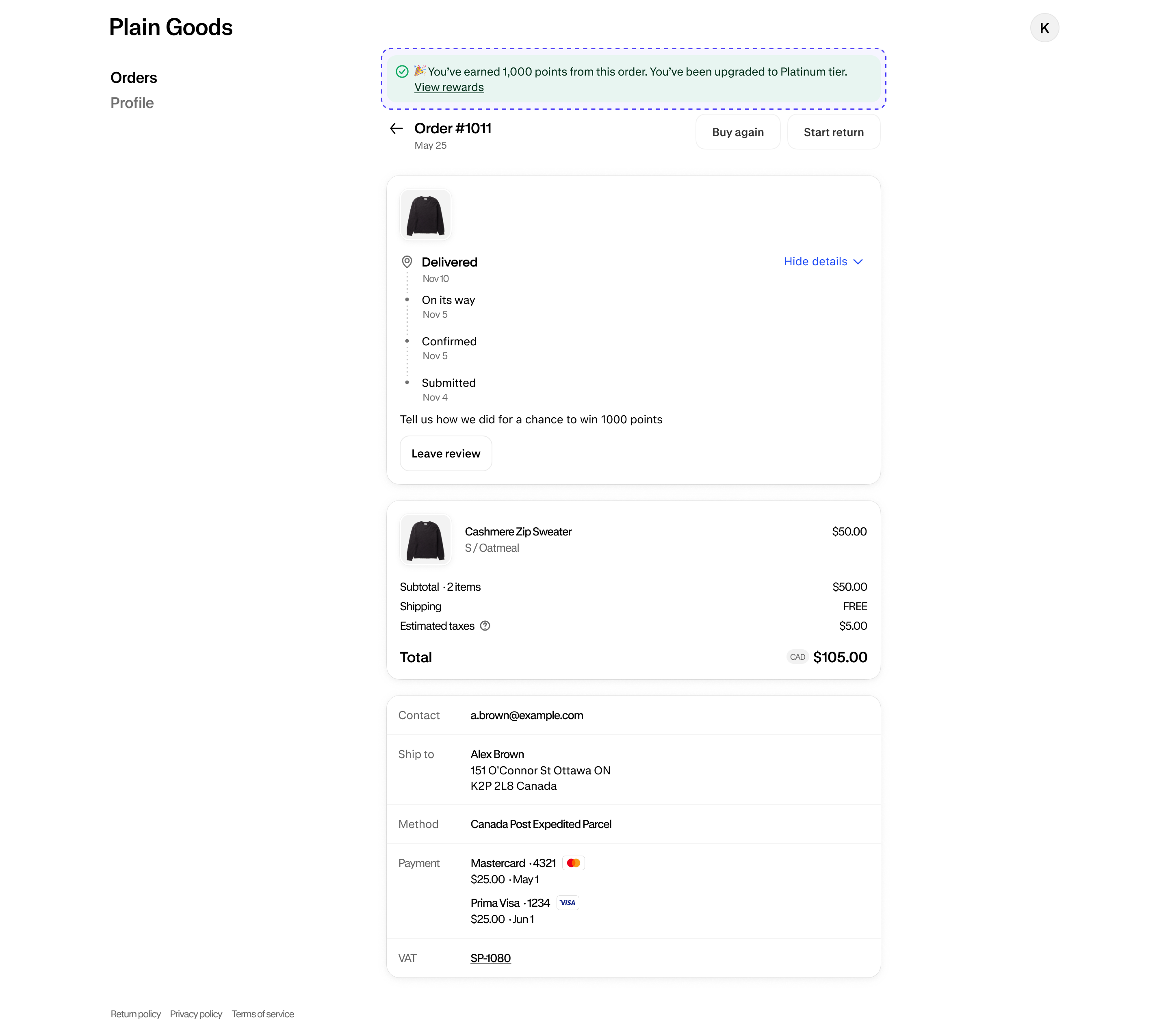 A preview of the inline UI extension rendered on the Order status page of a customer account.