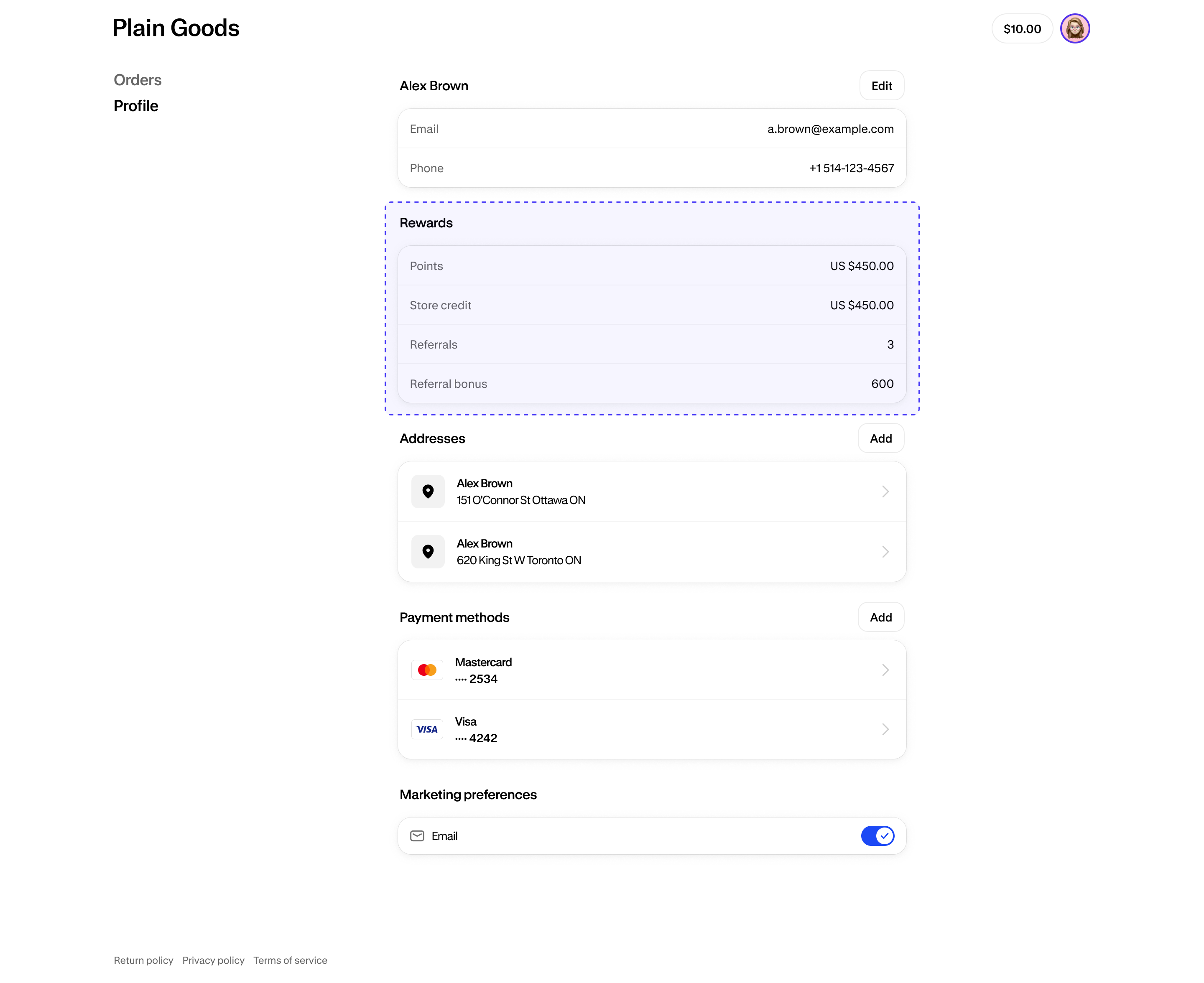 The customer Profile page with the loyalty app inline extension showing total points earned.