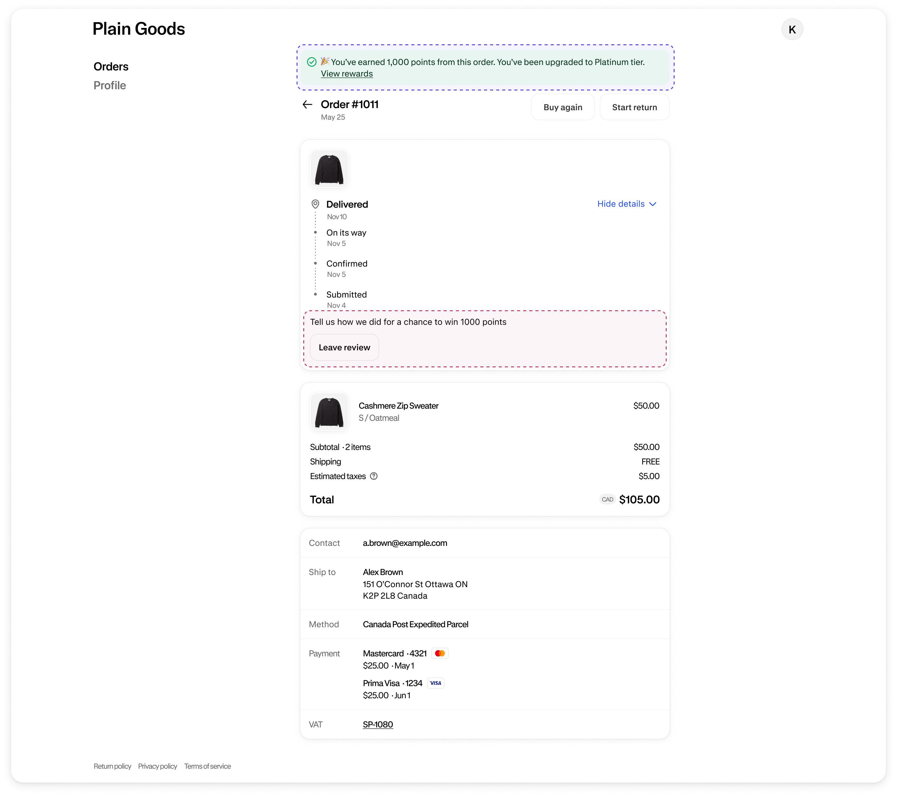 The Order status page, with a banner at the top of the page that says "You’ve earned 1,000 points from this order. You’ve been upgraded to Platinum tier. View rewards." Under the Delivered status, there’s a message that says "Tell us how we did for a chance to win 1,000 points," with a button that says "Write a review."