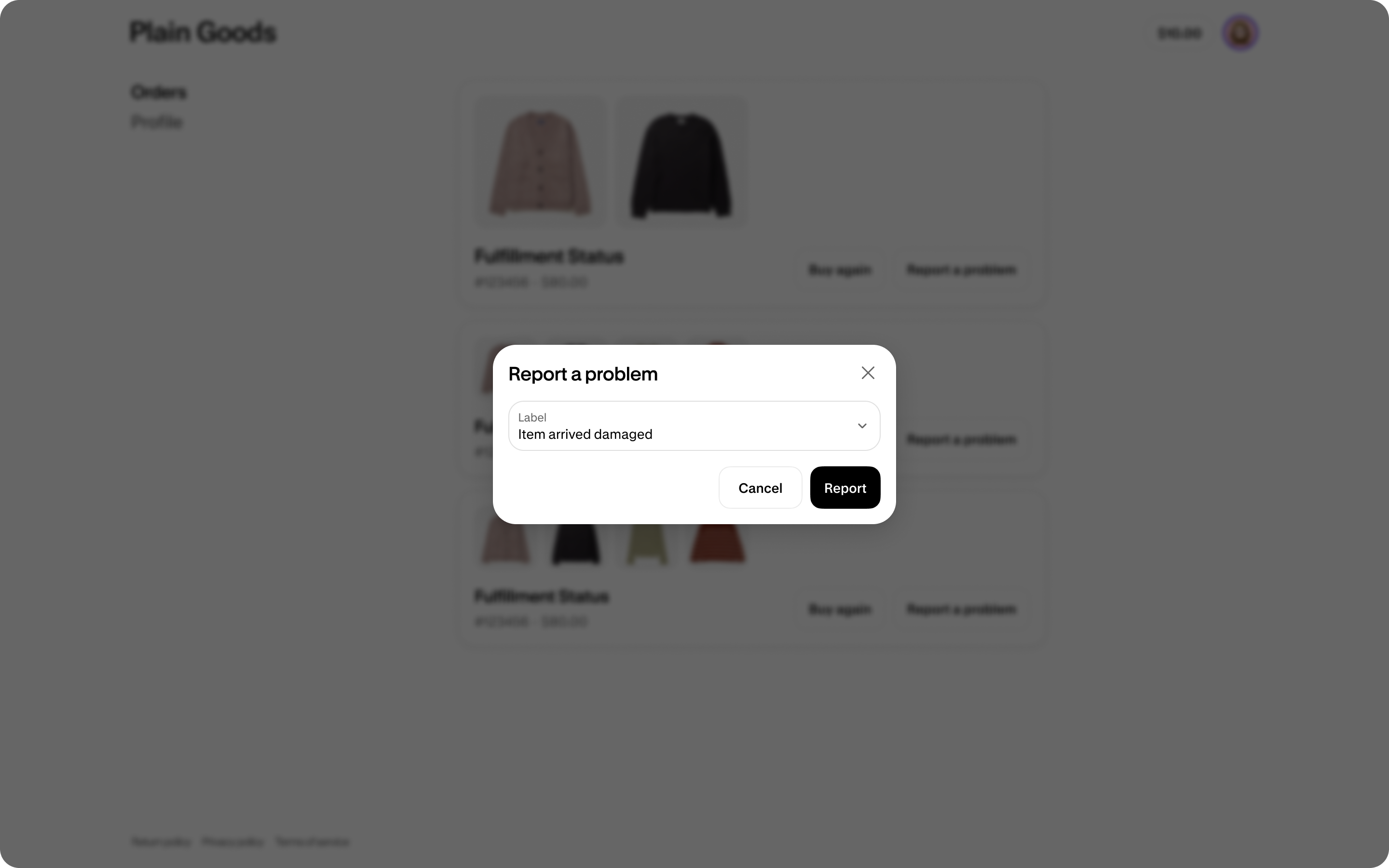 The order action modal UI with the reasons select field.