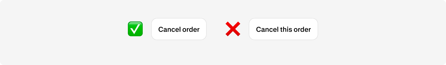 The example of the button that follows the guidelines says "Cancel order", written in sentence case. The example of the button that doesn't follow the guidelines says "Cancel This Order", written in title case and using "this", which is unnecessary.