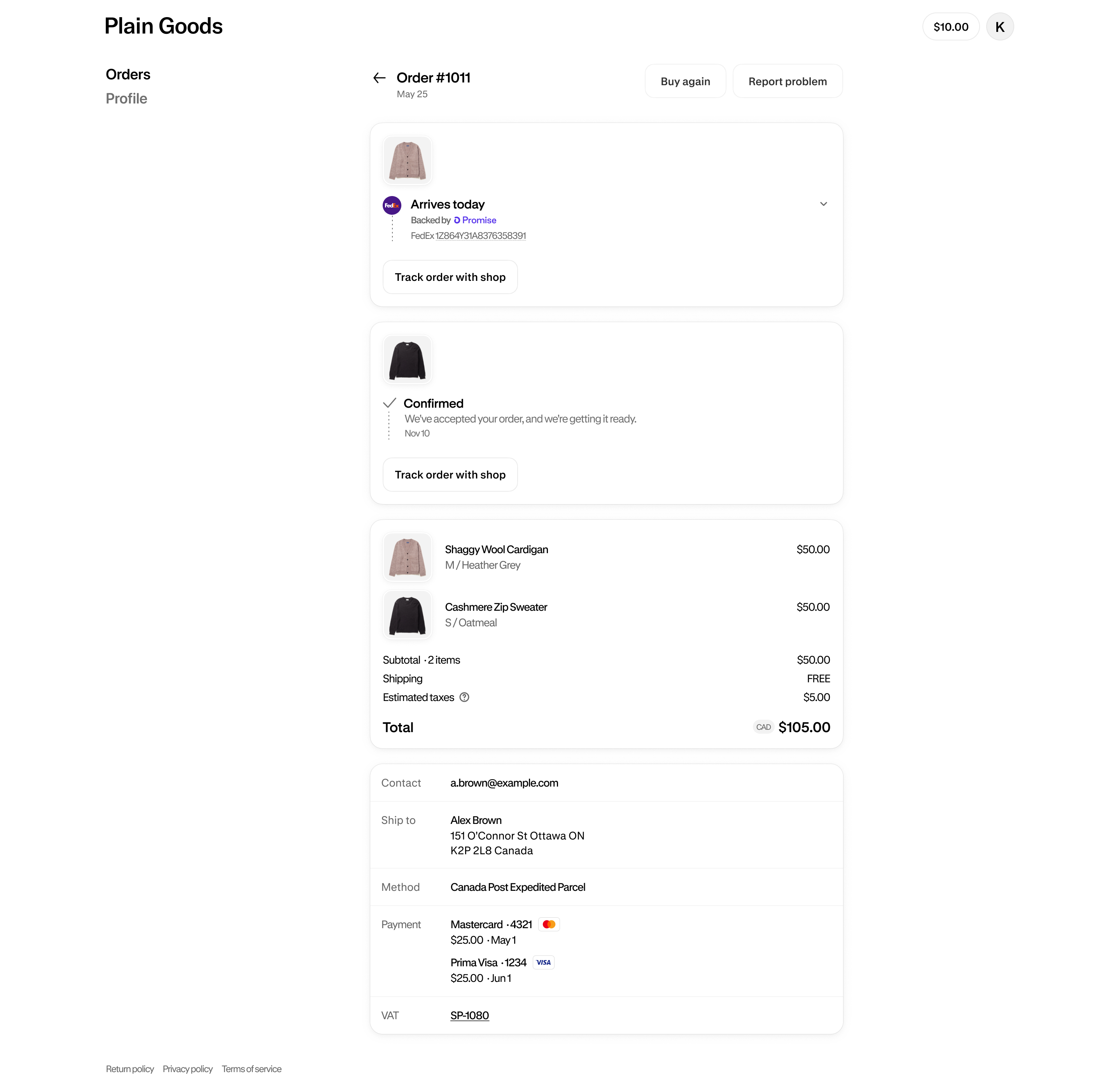 The pre-authenticated Order status page showing all order details available to a customer accessing it via an order notification link, including tracking, payment summary, billing and shipping addresses, and order items.