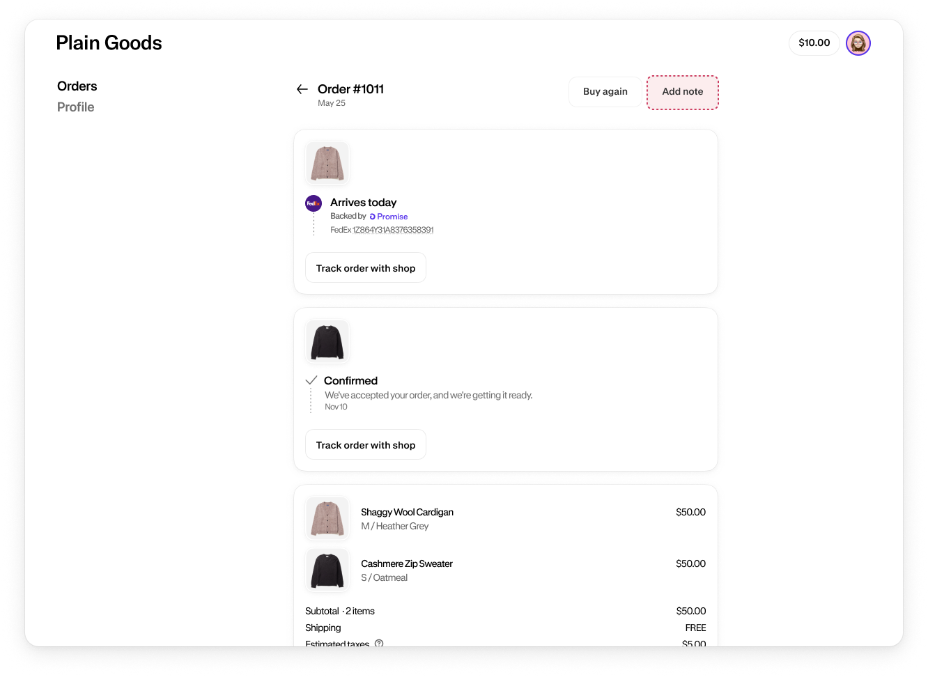 The Add Note order action menu item and modal built for the pre-authenticated Order status page.