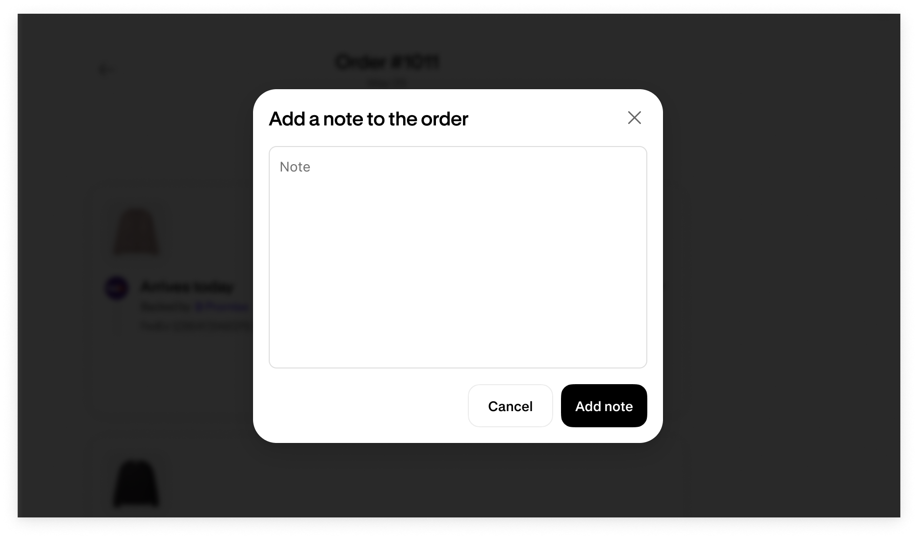The modal UI built for the pre-authenticated Order status page note action.