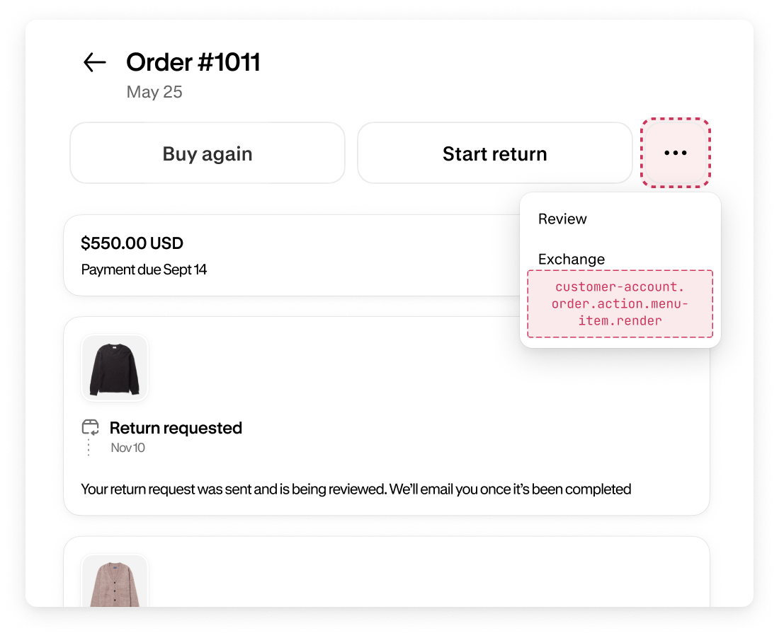 Diagram of the order action menu target on the pre-authenticated Order status page, used by the menu-action-modal extension.
