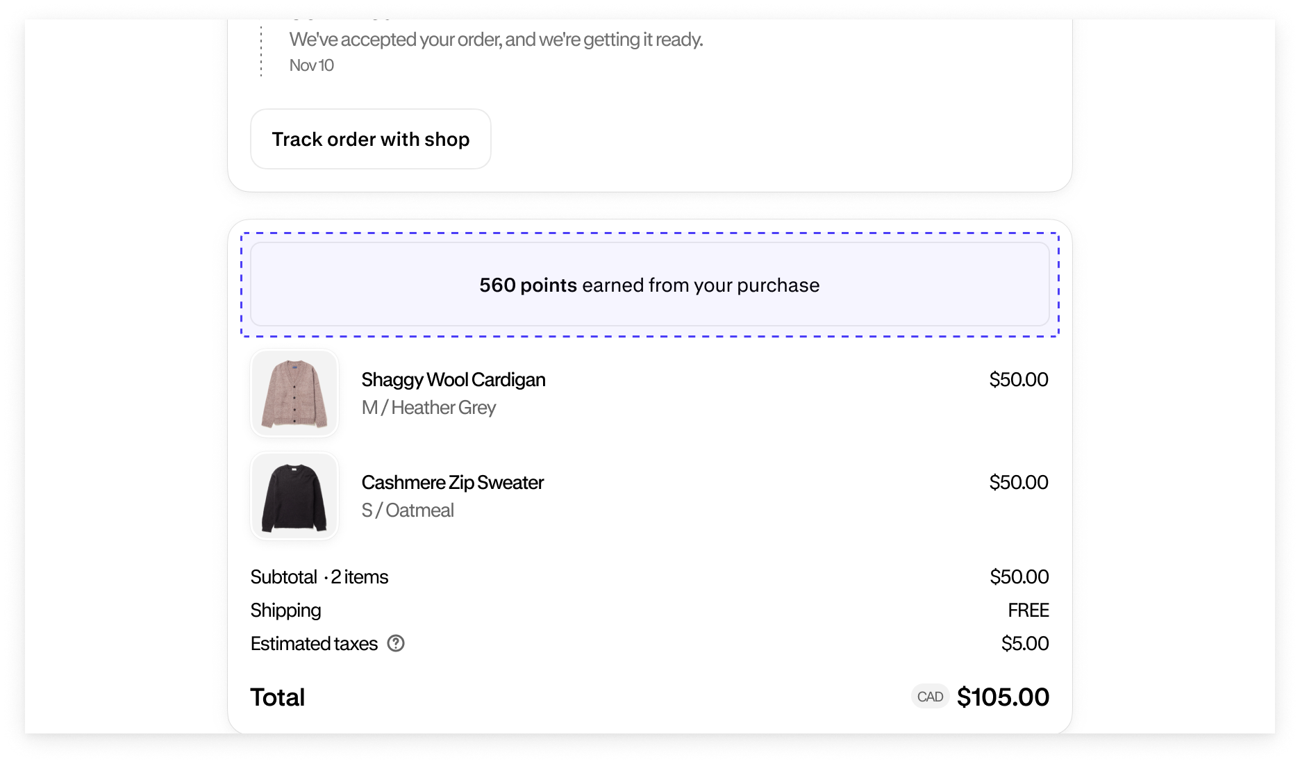 The loyalty points card rendered in the fully authenticated state on the Order status page.