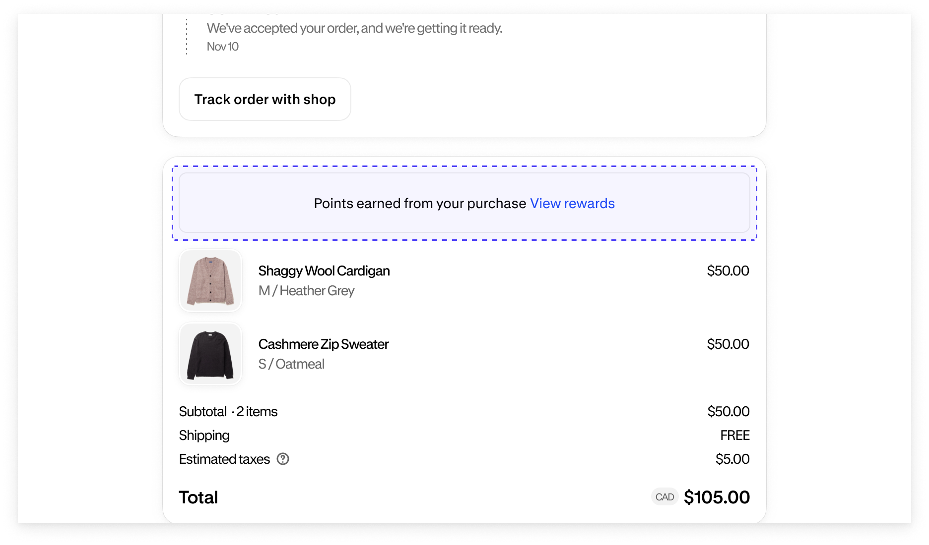 The loyalty points card rendered in the pre-authenticated state on the Order status page.