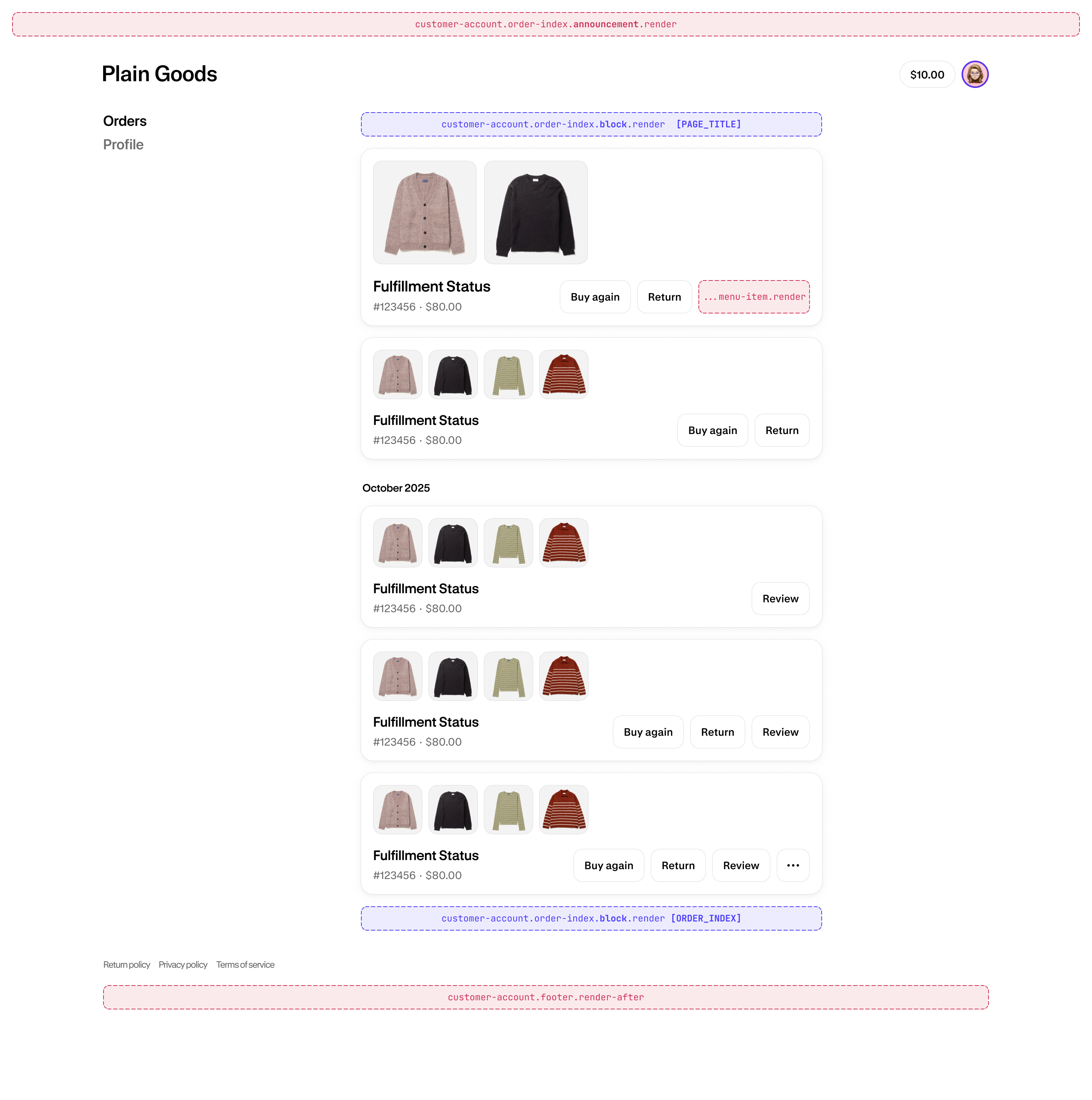 The Order index page showing available extension targets for the page title, order list, and order action menus.