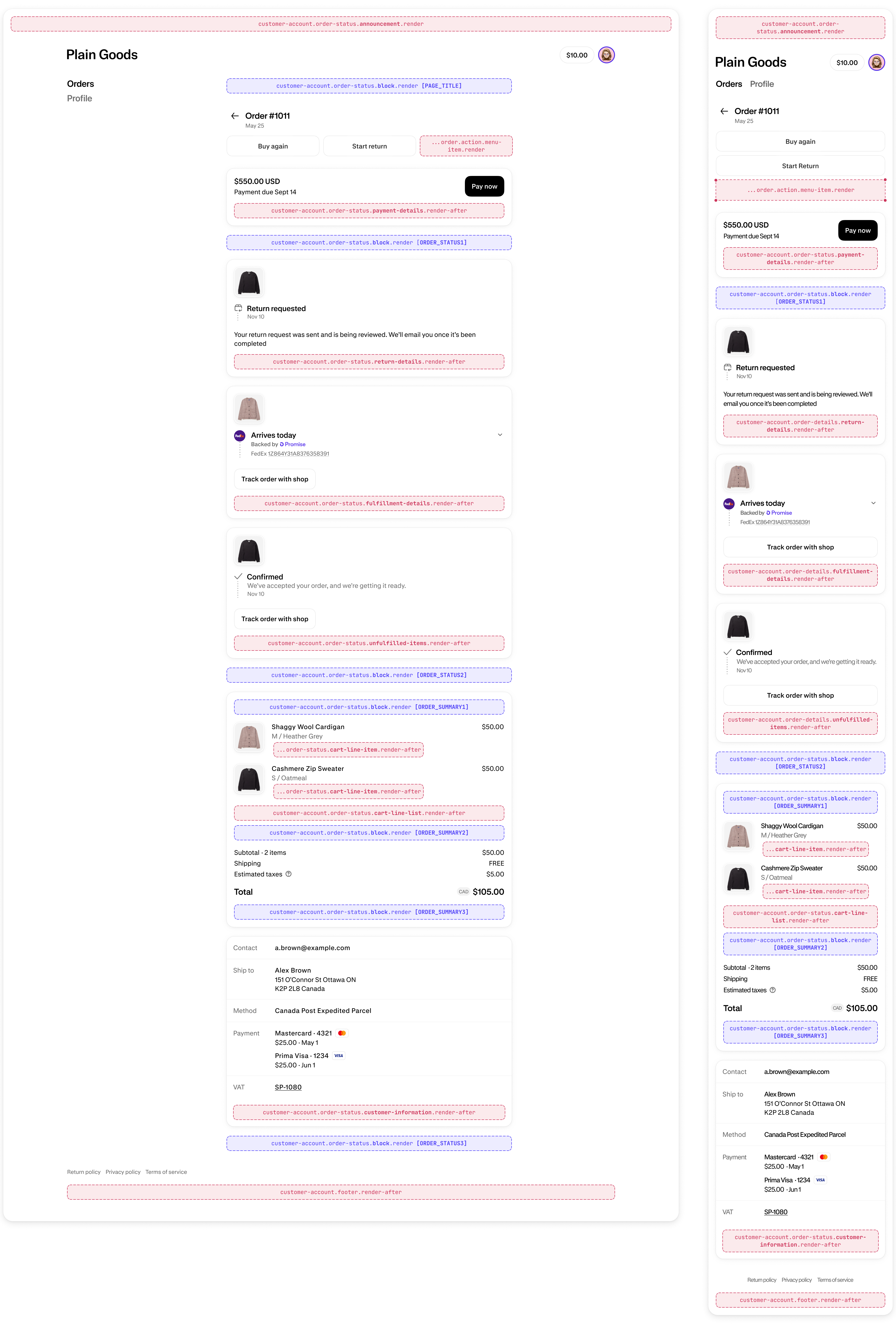 The Order status page layout on desktop and mobile, showing available extension targets for order status timelines, order actions, order summary, and order details. On mobile, the order summary is collapsed at the top of the page.