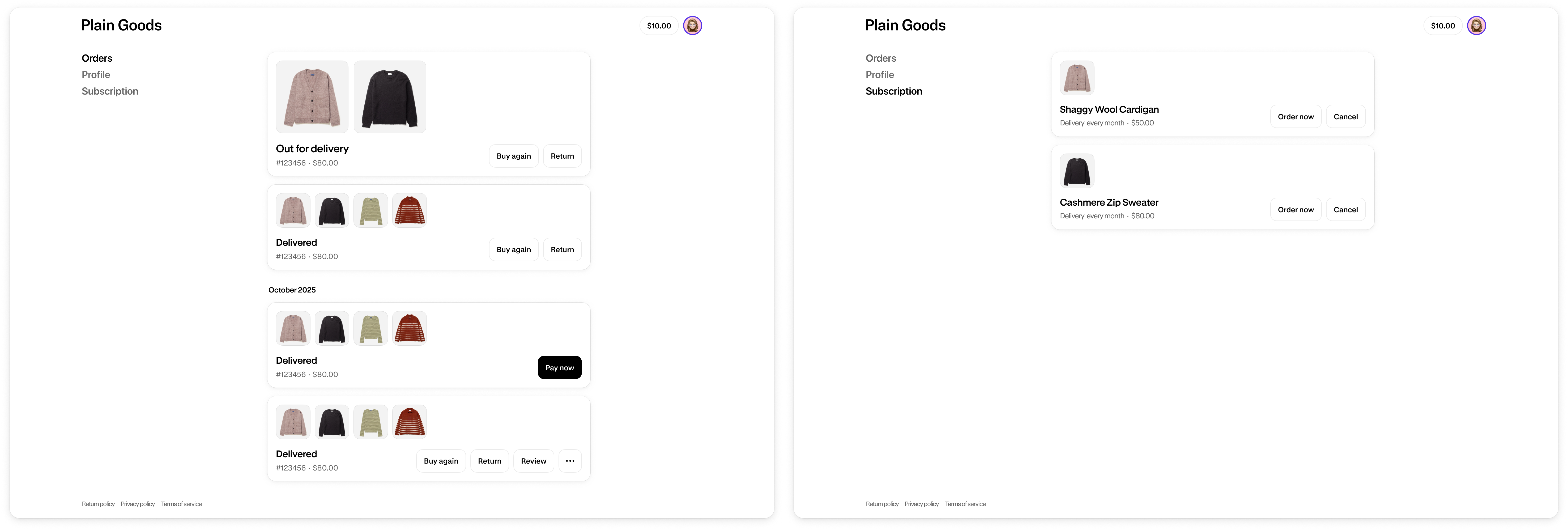 On the left is the Order index page in customer accounts, and on the right is a Subscription page full-page extension. Both pages use the Section component to create a consistent look and feel.