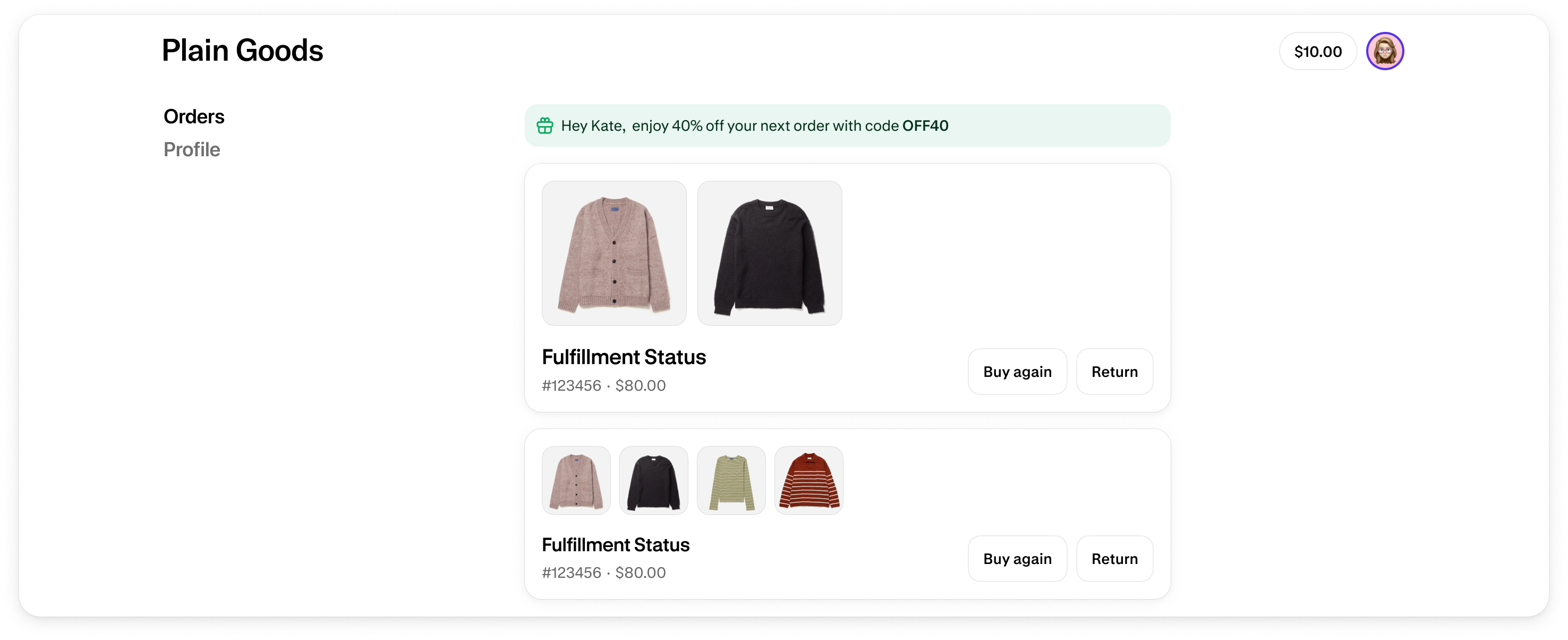 A card is shown at the top of the order index page that says, "Hey Michelle, enjoy 40% of all products and 1,000 bonus points with code OFF40!"