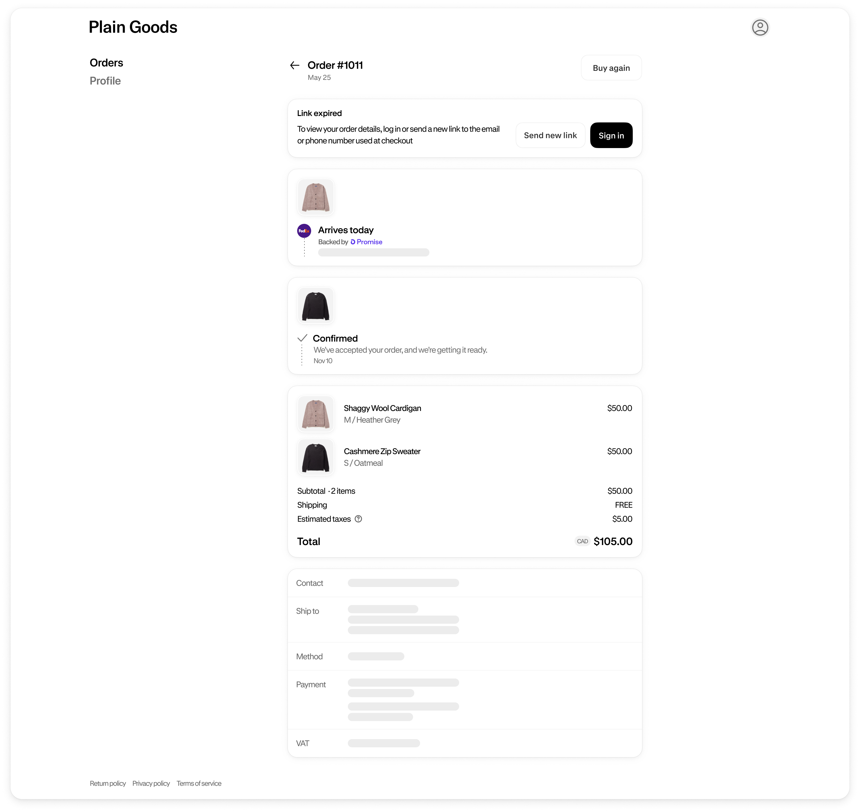 The unauthenticated Order status page. Sensitive order details are redacted, such as tracking number, payment information, billing and shipping addresses, company name and location, and shipping method. The estimated delivery date, order status, product line items, and price aren't redacted. There's also a card that says "Log in to view all order details" with a button that says "Log in".