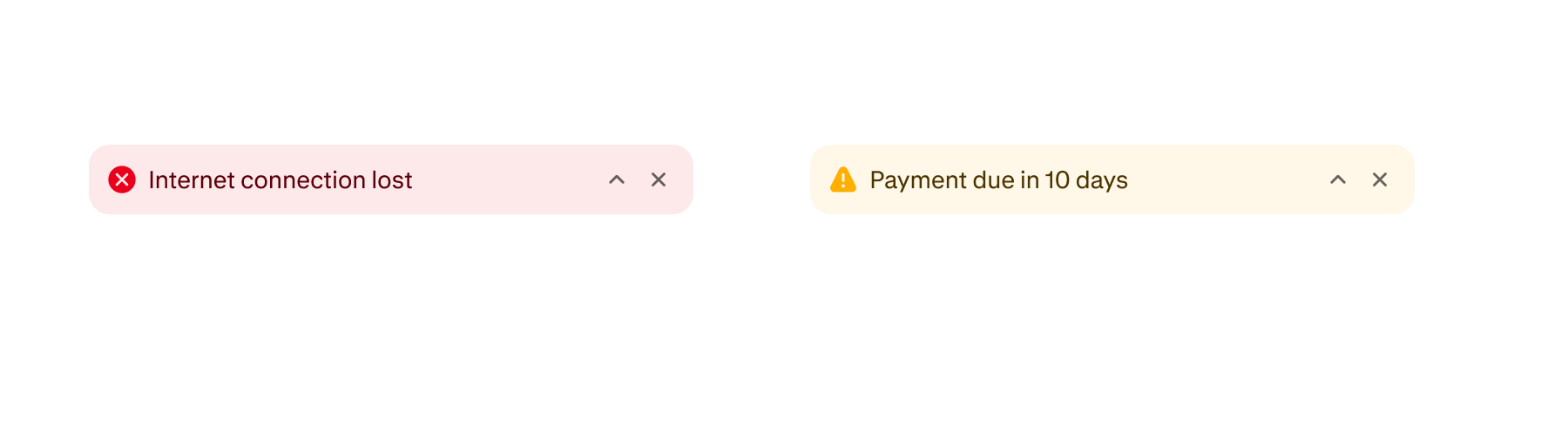 A yellow banner in the warning status that says "Payment due in 10 days" and a red banner in the critical status that says "Internet connection lost".