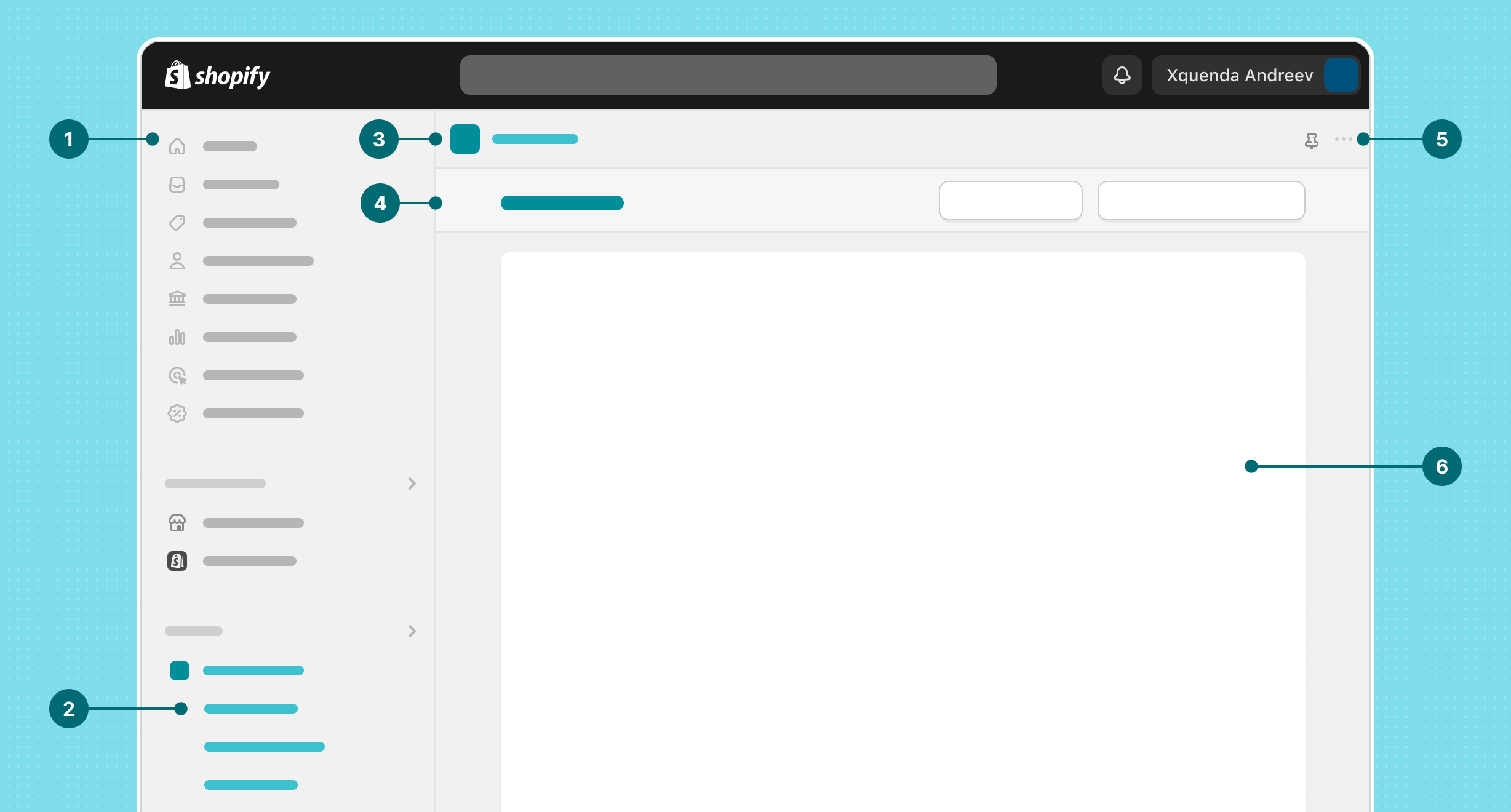 An app in the Shopify admin. Numbered indicators show the Shopify admin (labeled 1), app nav (labeled 2), app header (labeled 3), page header (labeled 4), overflow menu (labeled 5), and app body (labeled 6).