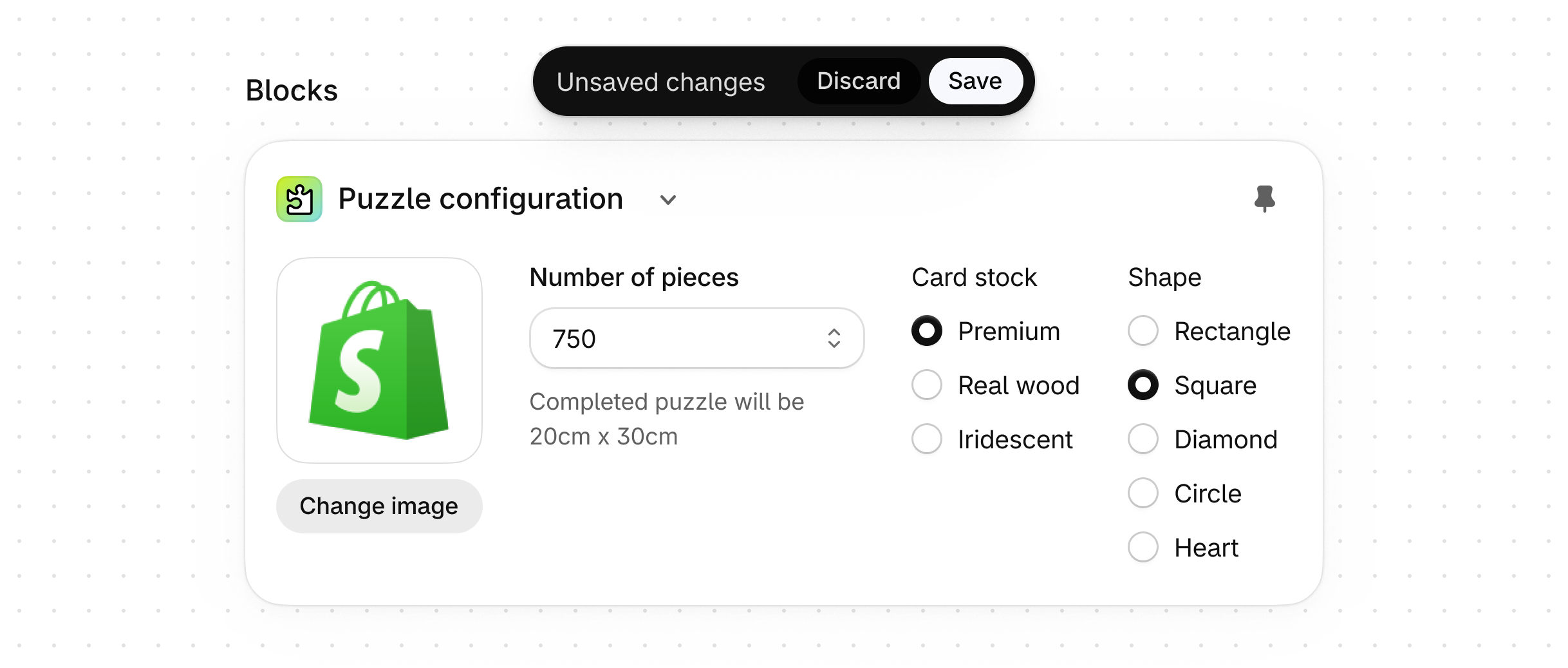 A simple app block form with the Shopify contextual save bar visible. The bar indicates that there are unsaved changes, and includes buttons to discard or save changes.