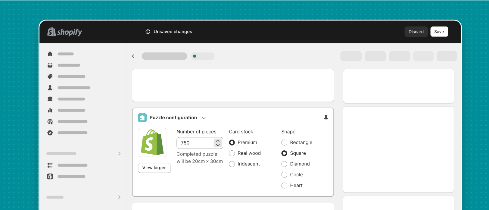 A simple app block form with the Shopify contextual save bar visible. The bar indicates that there are unsaved changes, and includes buttons to discard or save changes.