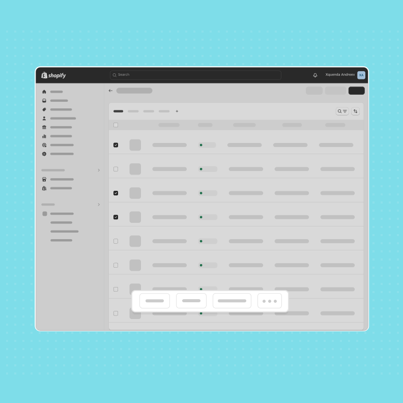 A wireframe of a listing page with a floating 'More actions' menu at the bottom.