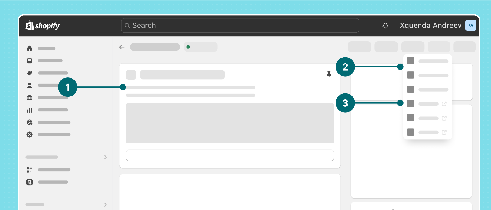 Admin blocks (labeled 1) live in the body area of the admin. Admin actions (labeled 2) live in the more actions dropdown. And Admin links (labeled 3) also live in the more actions dropdown.