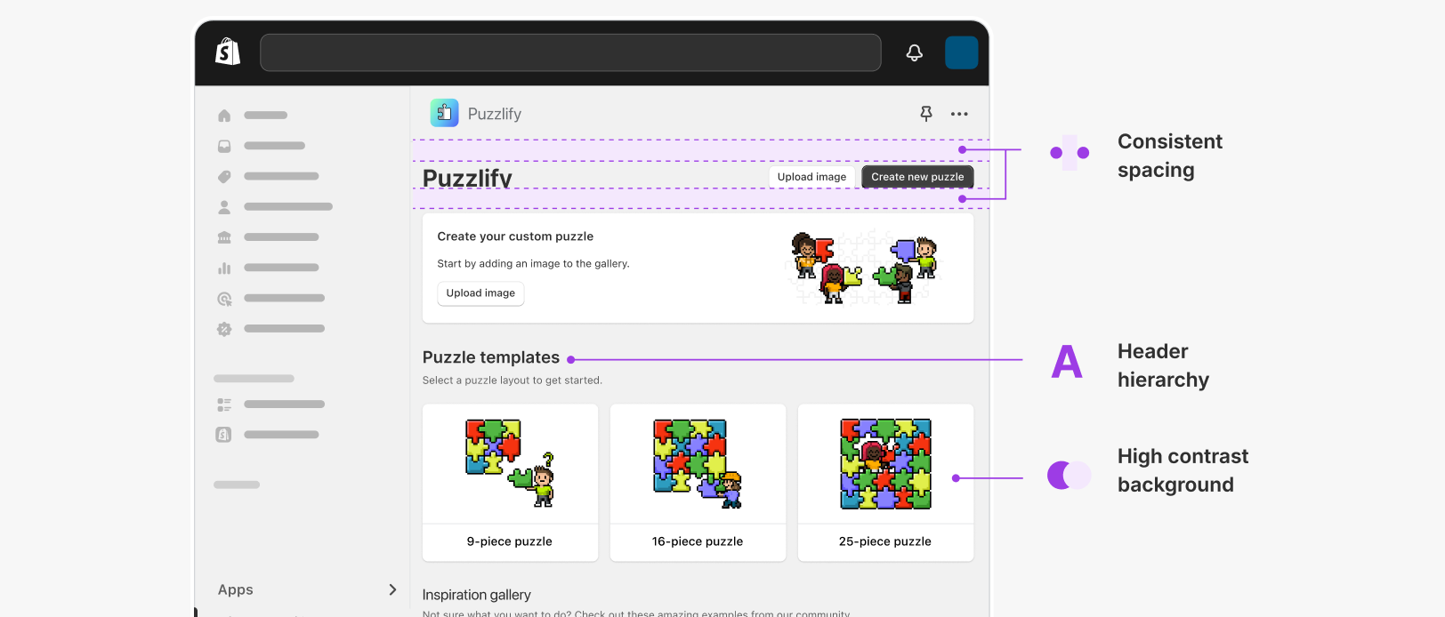 An annotated App Home page with callouts for consistent spacing, header hierarchy, and a high contrast background.