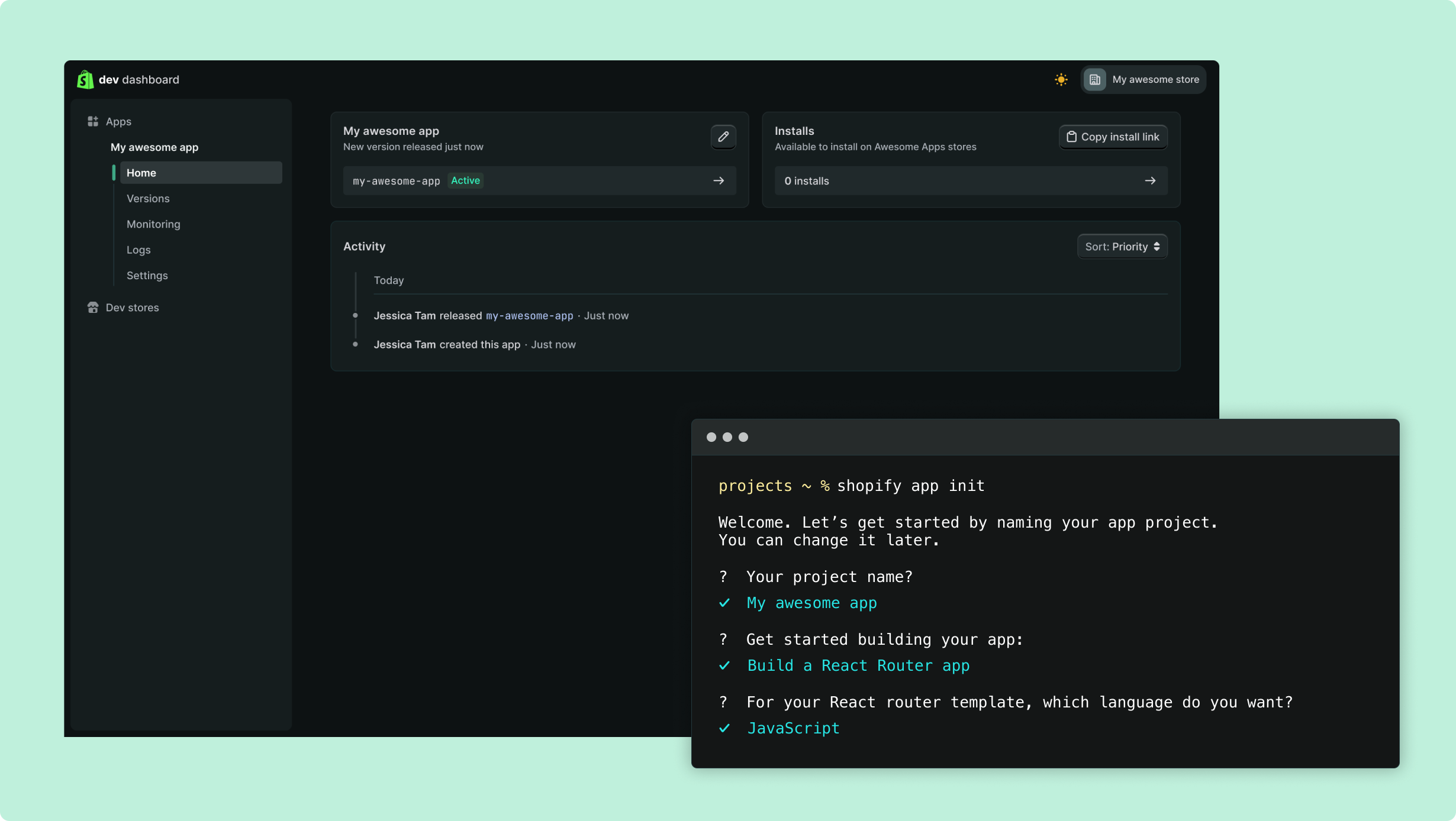 Dev Dashboard showing app creation interface with terminal commands for Shopify CLI