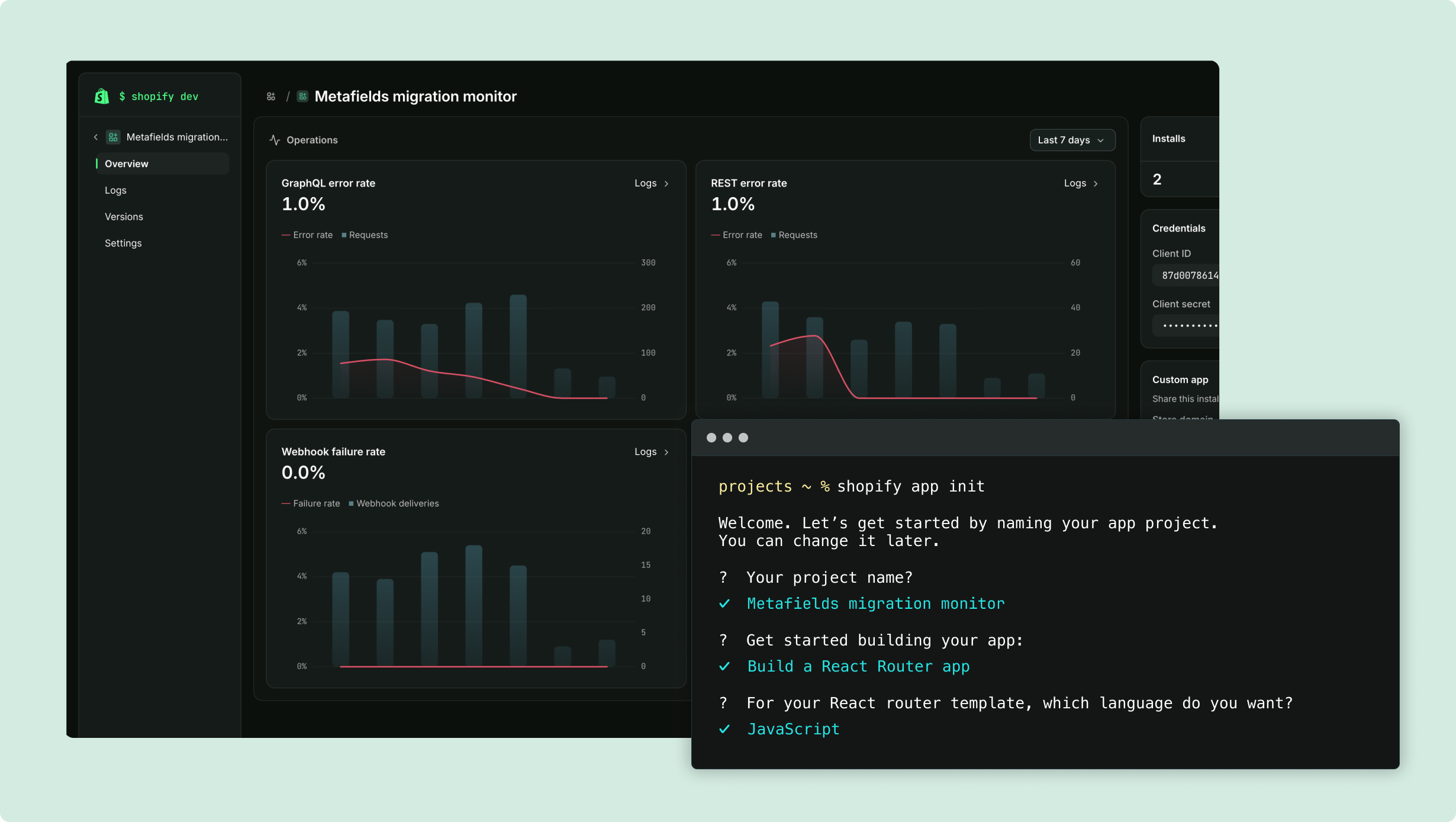 The Dev Dashboard app overview beside a terminal running Shopify CLI to create an app.