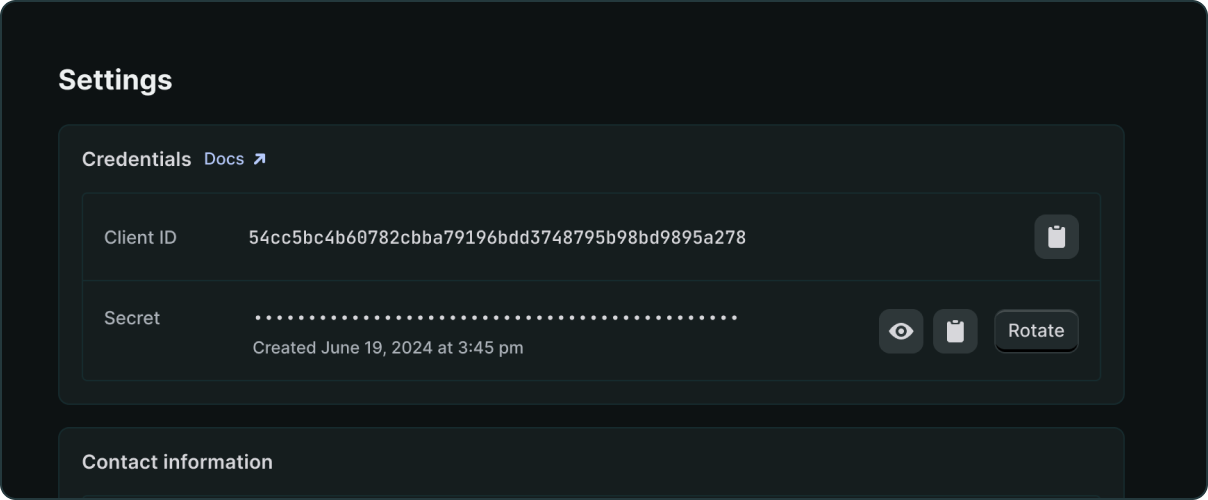 Dev Dashboard settings page showing client credentials and contact information