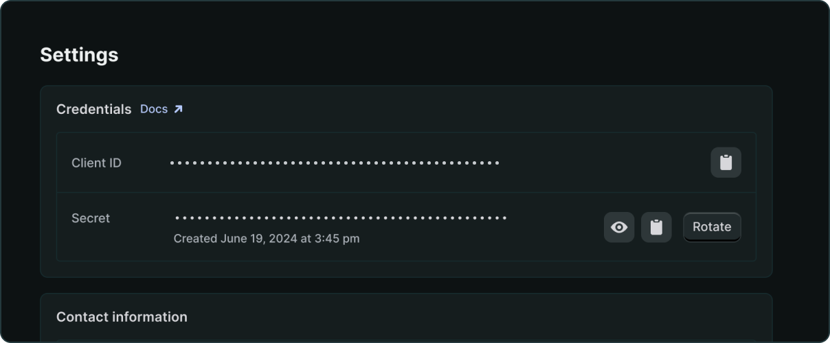 Dev Dashboard settings page showing the Client ID and Secret fields.