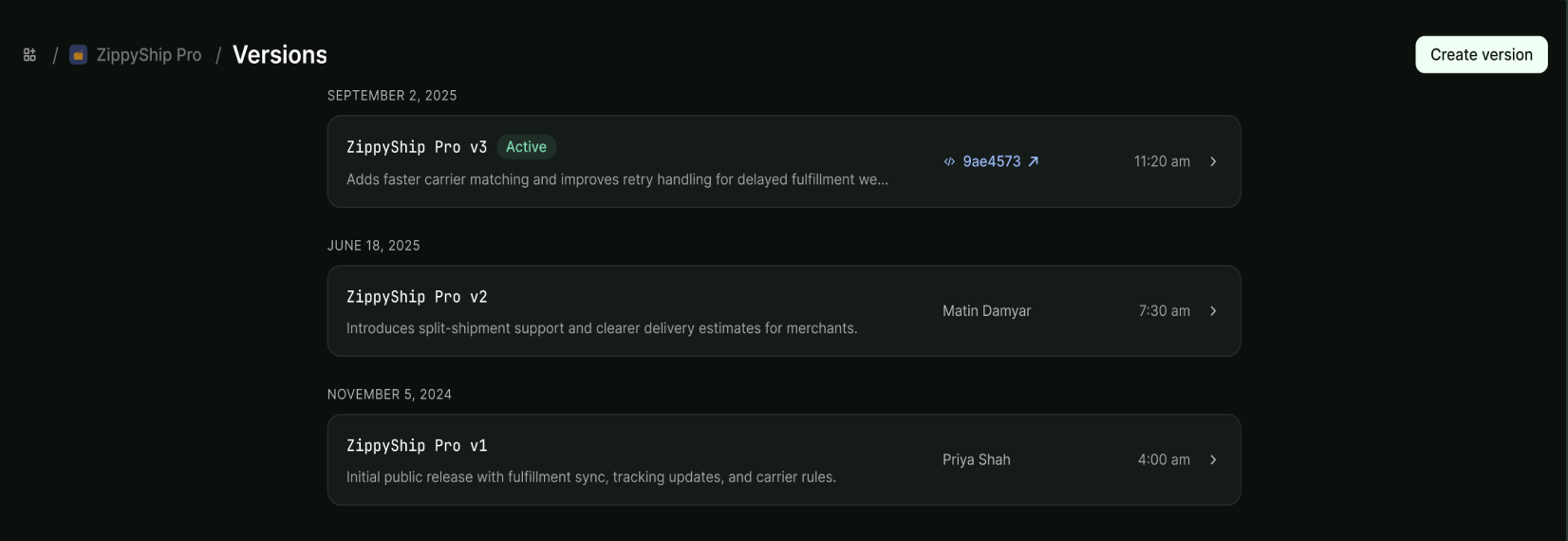 An app's Versions page in the Dev Dashboard, listing each version by date with the active one badged and a Create version button.