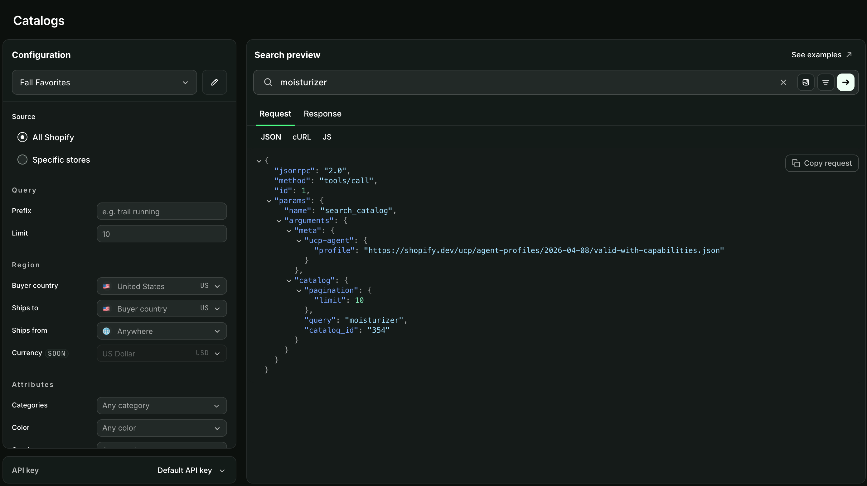 The Catalogs workspace in the Dev Dashboard, with a saved catalog's Configuration panel beside a Search preview.