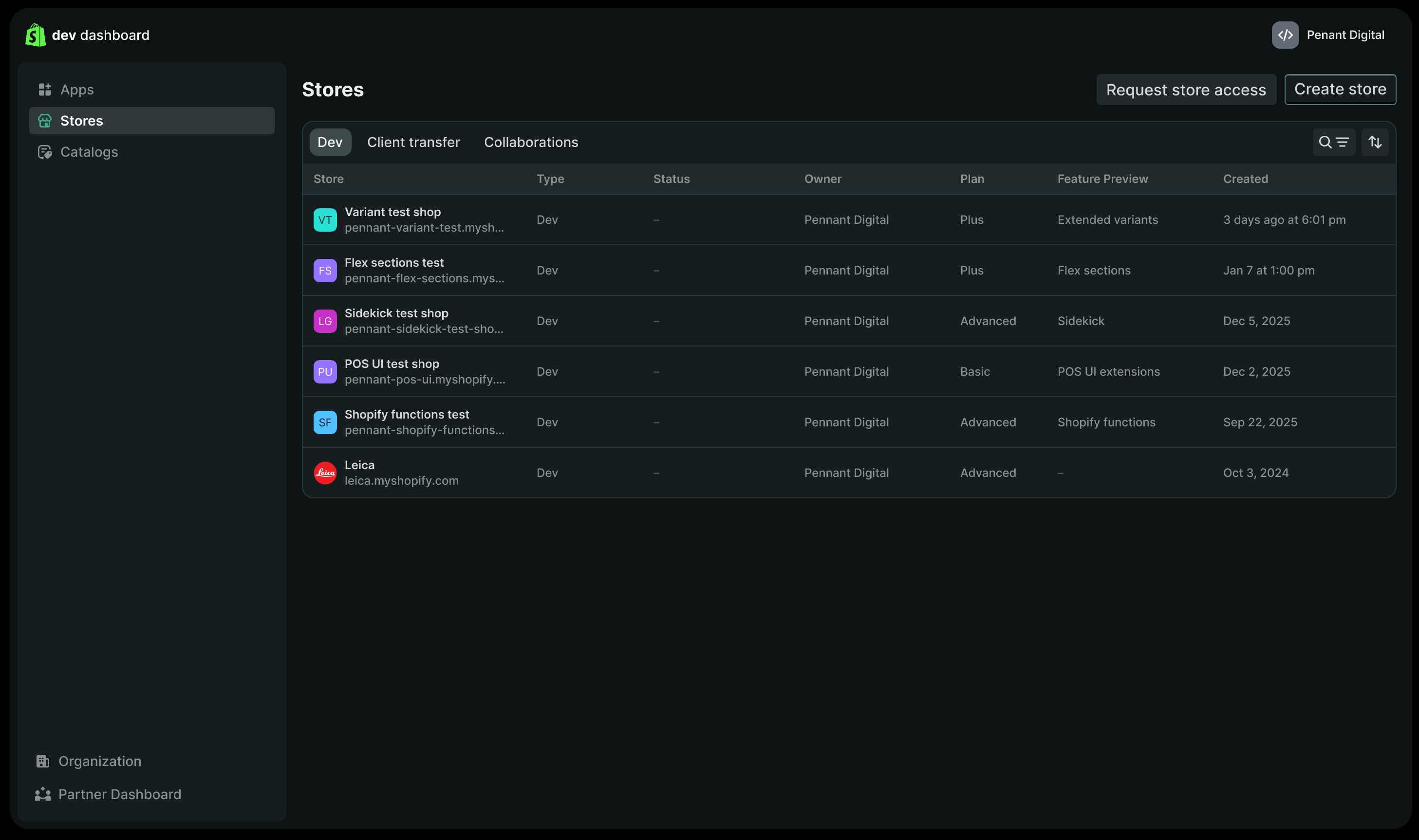 Dev stores list showing multiple test stores with their plans and Shopify build versions
