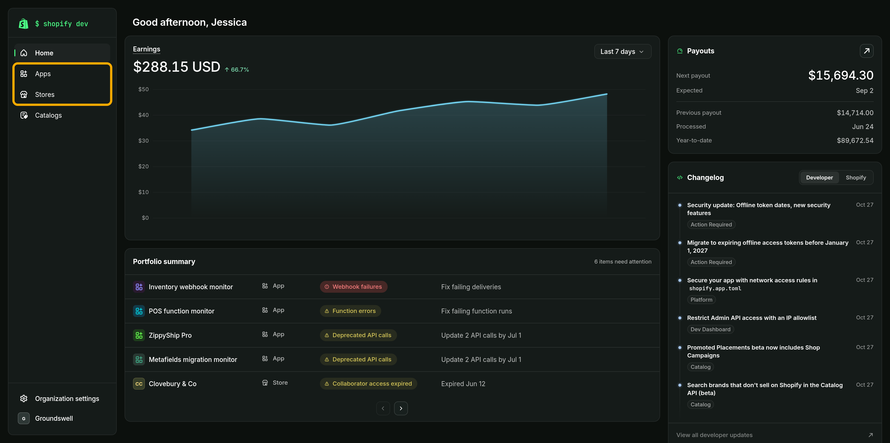 The Dev Dashboard Home page, with Apps and Stores highlighted in the side navigation.