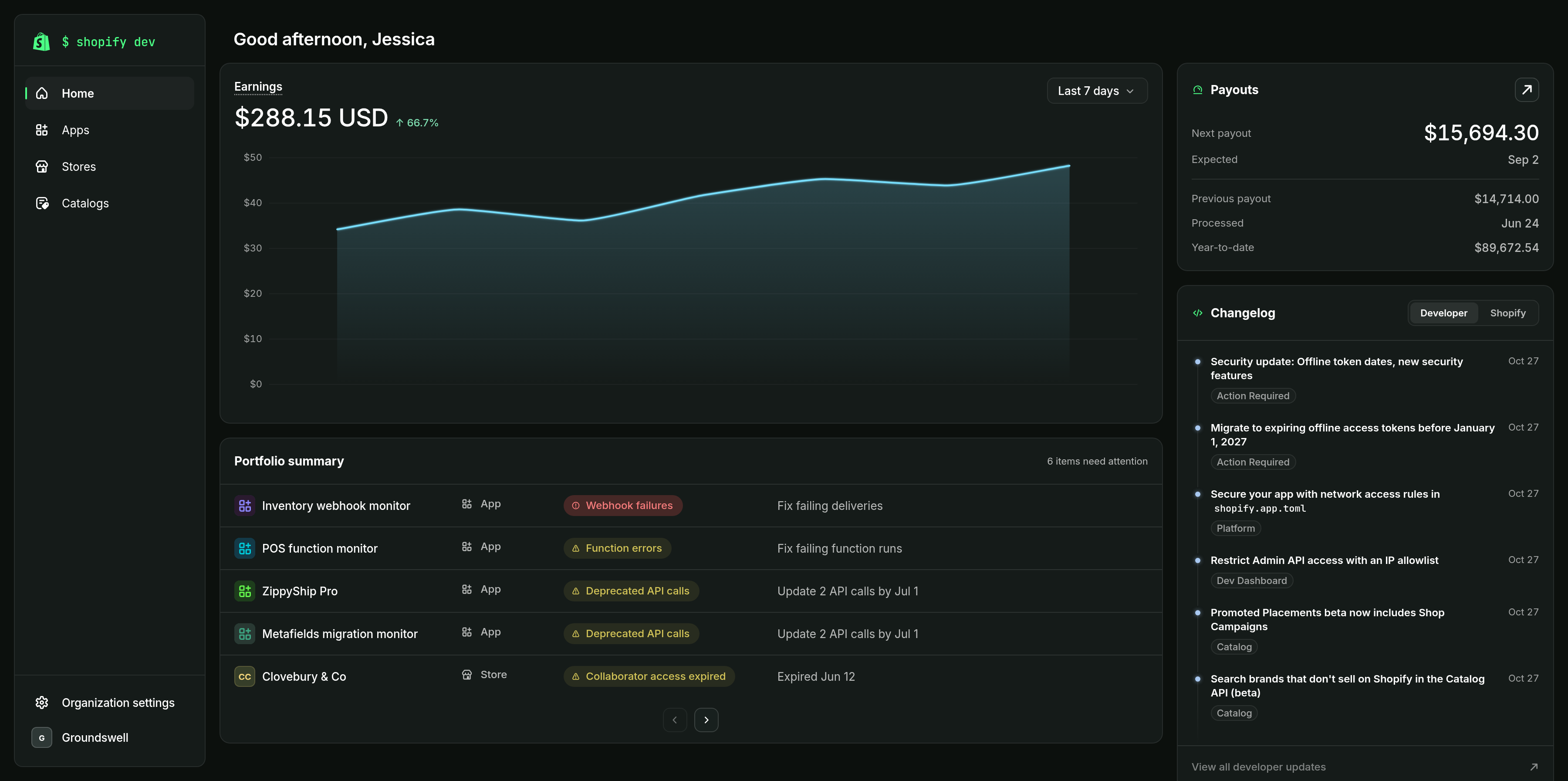 The Dev Dashboard Home page, with earnings, the Payouts card, a portfolio summary of apps and stores that need attention, and the changelog.