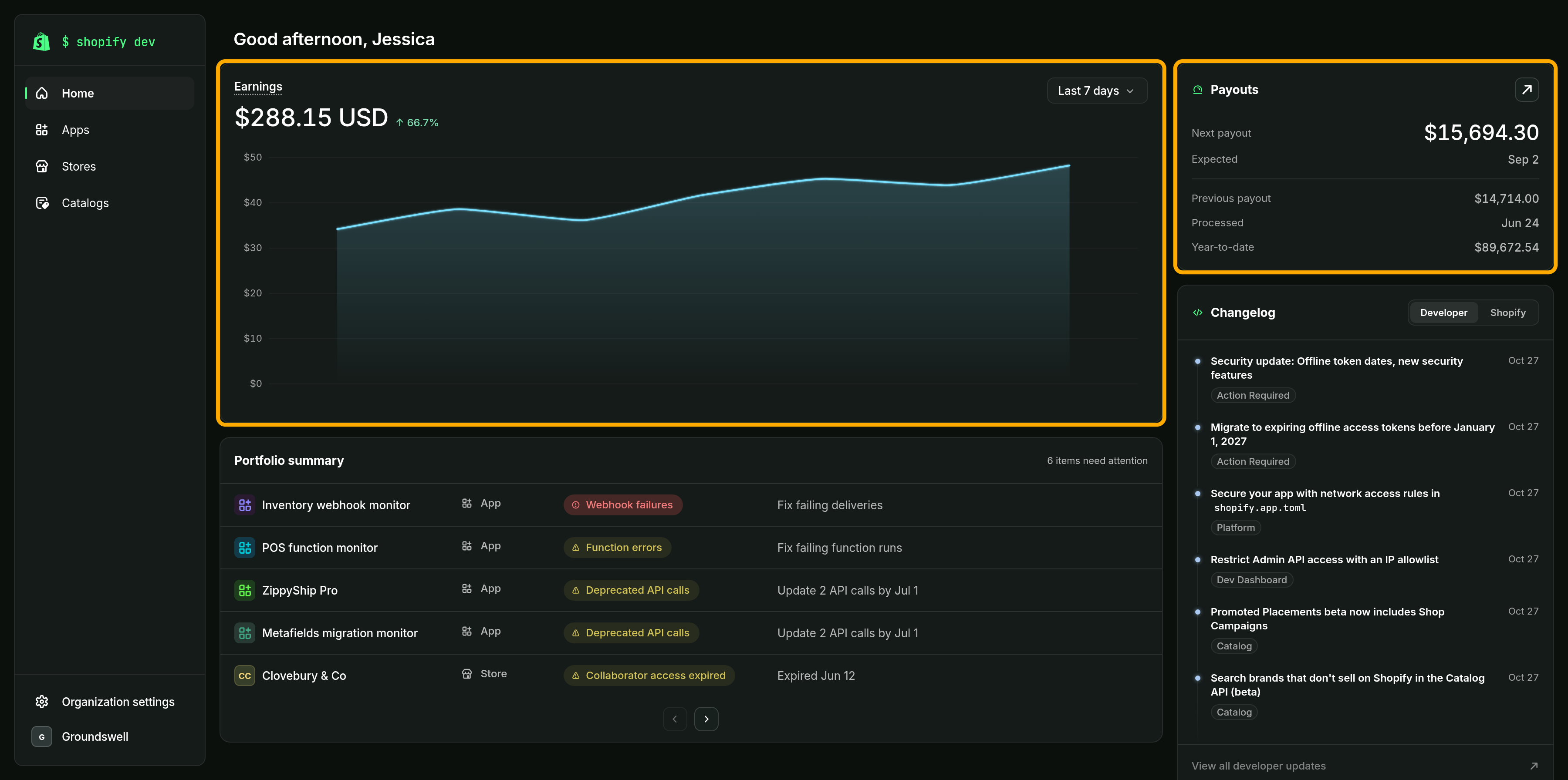 The Dev Dashboard Home page, with the Earnings chart and the Payouts card highlighted.