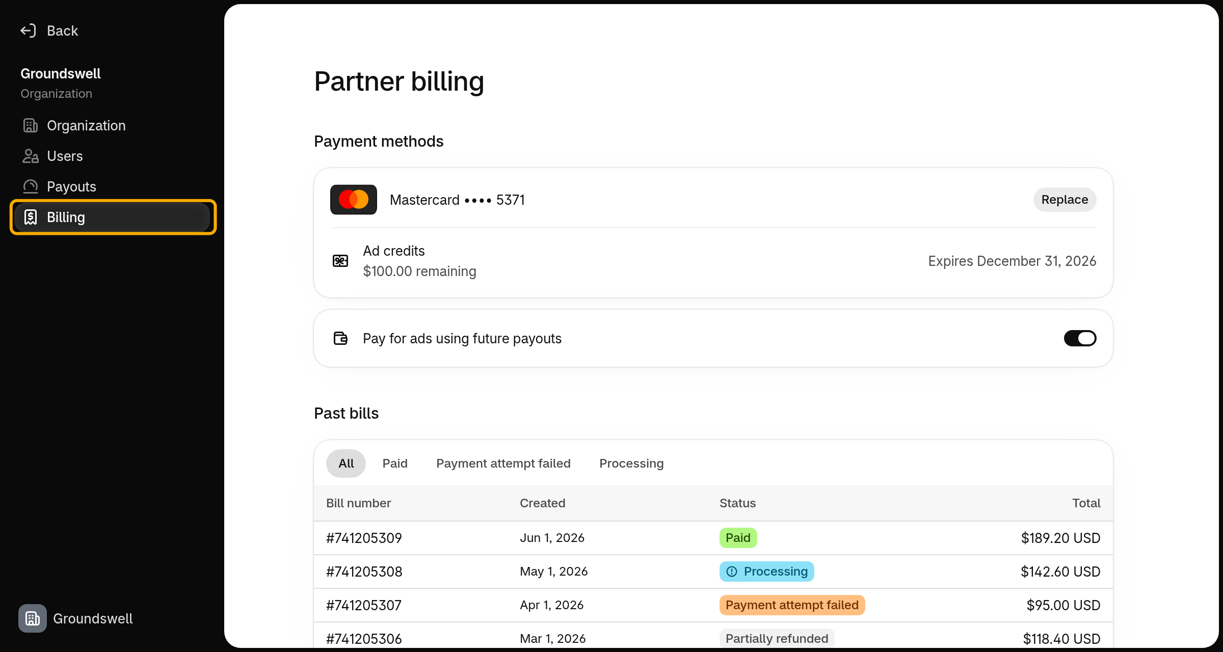 The Partner billing page in Organization settings, with Billing highlighted in the navigation, showing payment methods, ad credits, the setting to pay for ads using future payouts, and past bills.