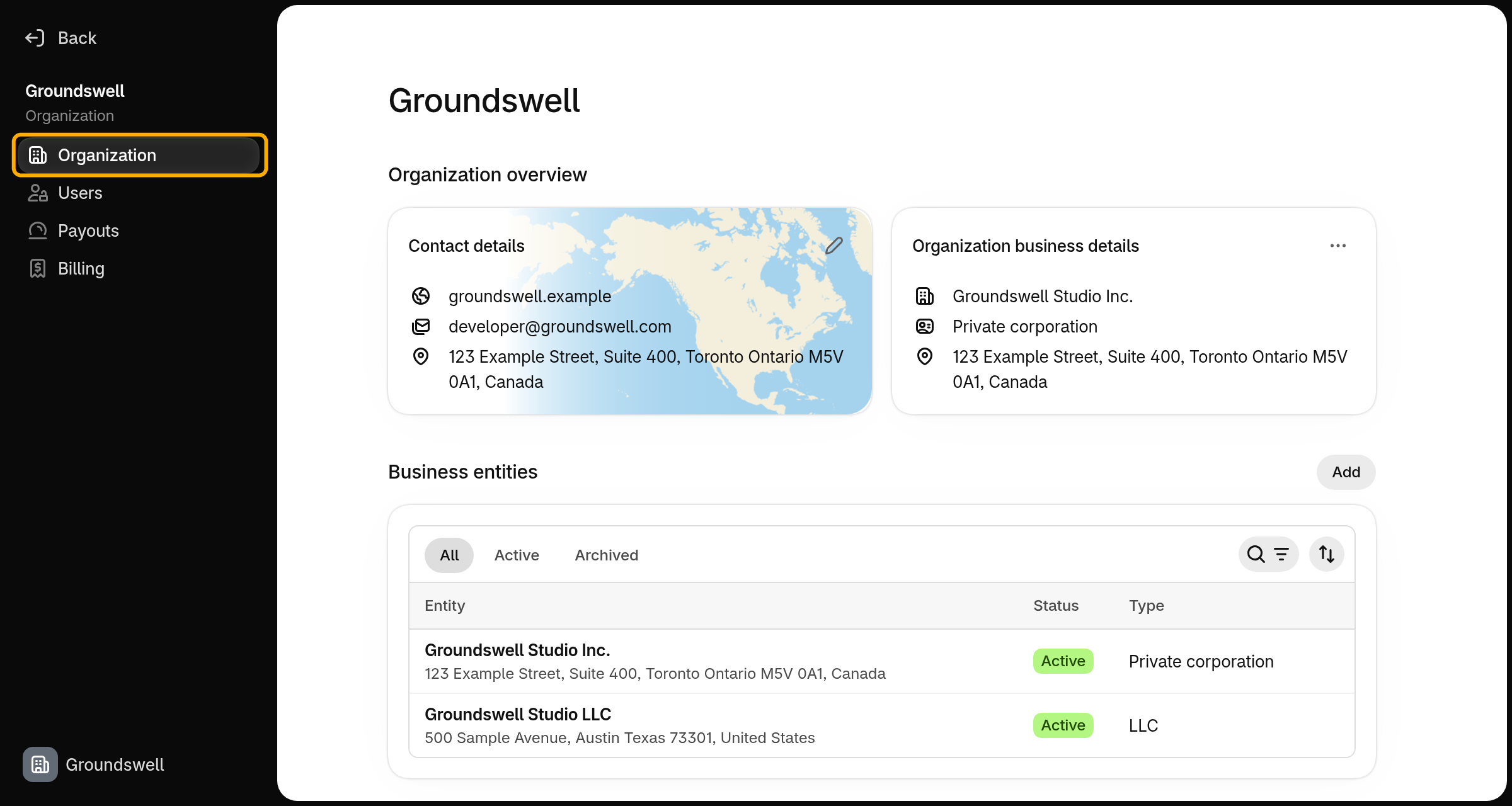 The Organization page in Organization settings, with Organization highlighted in the navigation, showing contact details, business details, and business entities.