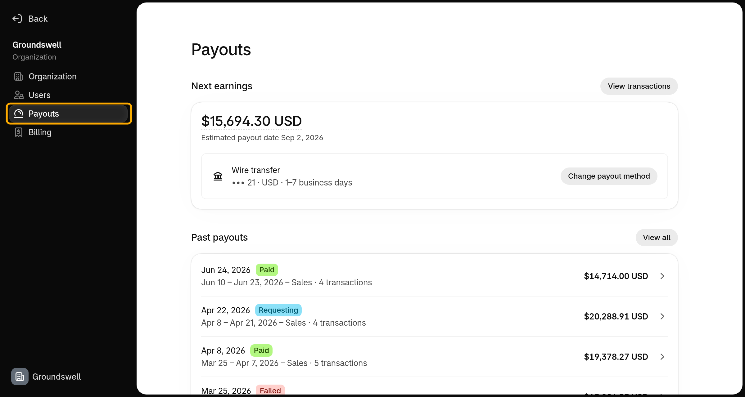 The Payouts page in Organization settings, with Payouts highlighted in the navigation, showing next earnings, the payout method with Change payout method, and past payouts.