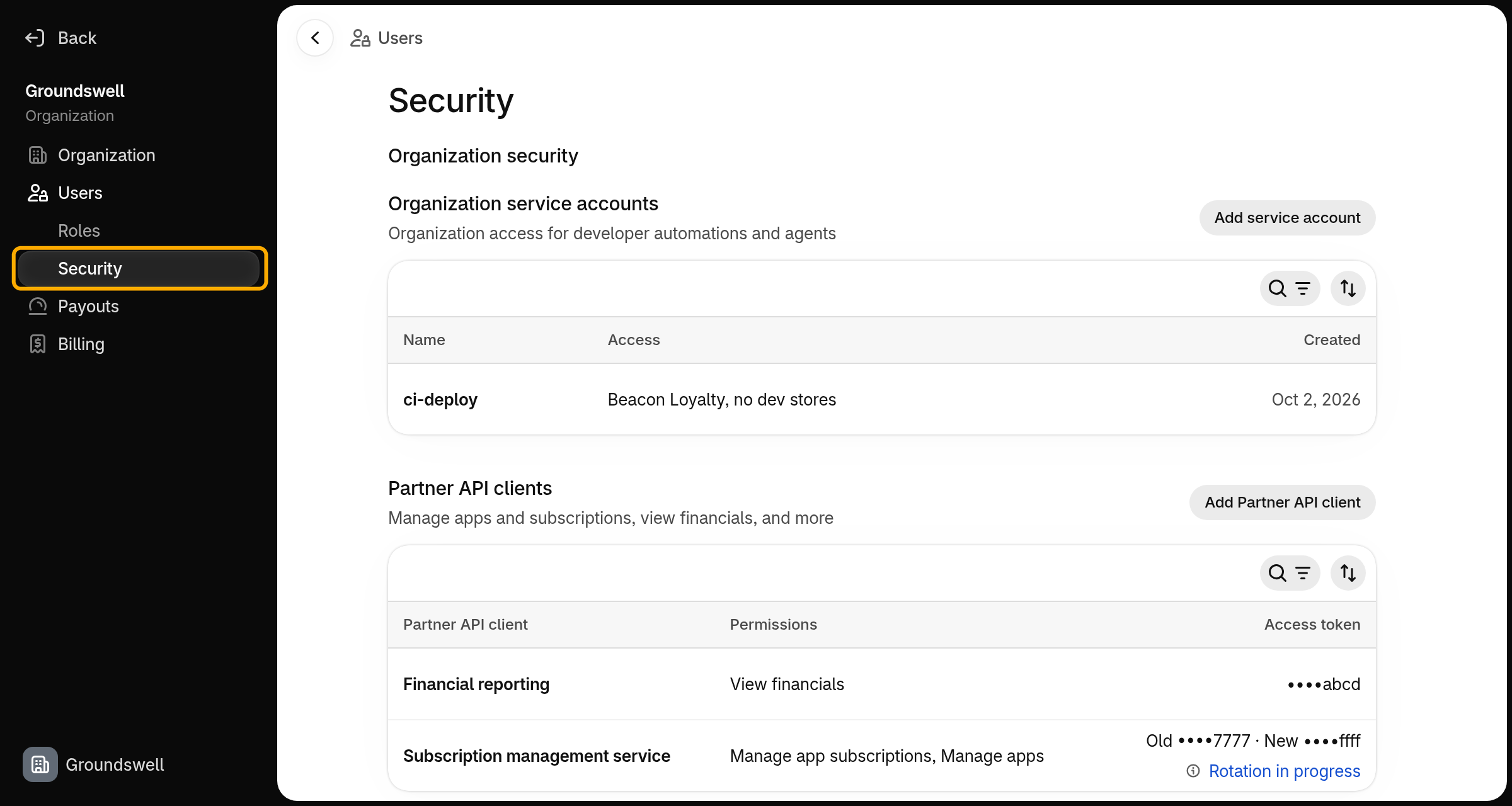 The Security page under Users in Organization settings, with Security highlighted in the navigation, showing organization service accounts and Partner API clients.