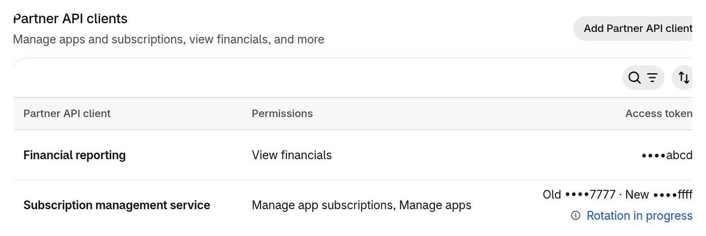 The Partner API clients card with Add Partner API client, listing two clients with their permissions and masked access tokens.