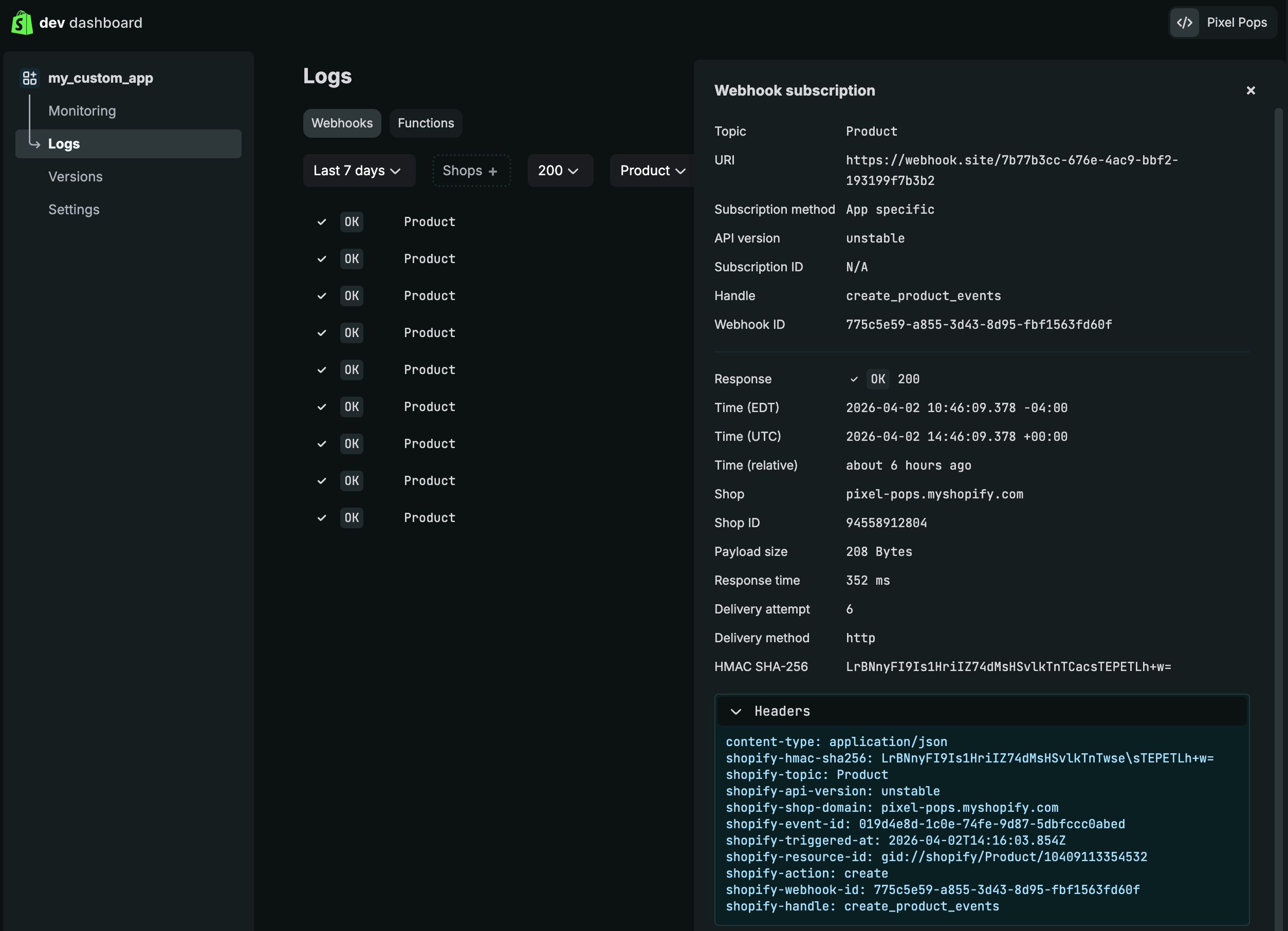 The delivery details panel in the Dev Dashboard showing subscription metadata, response status, timing, shop information, payload size, delivery attempt count, HMAC signature, and HTTP headers.