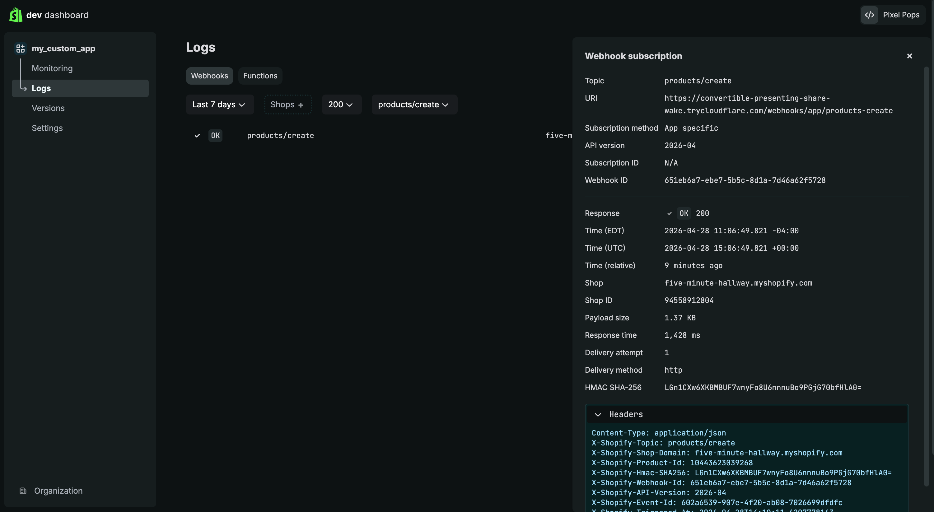 The delivery details panel in the Dev Dashboard showing subscription metadata, response status, timing, shop information, payload size, delivery attempt count, HMAC signature, and HTTP headers.