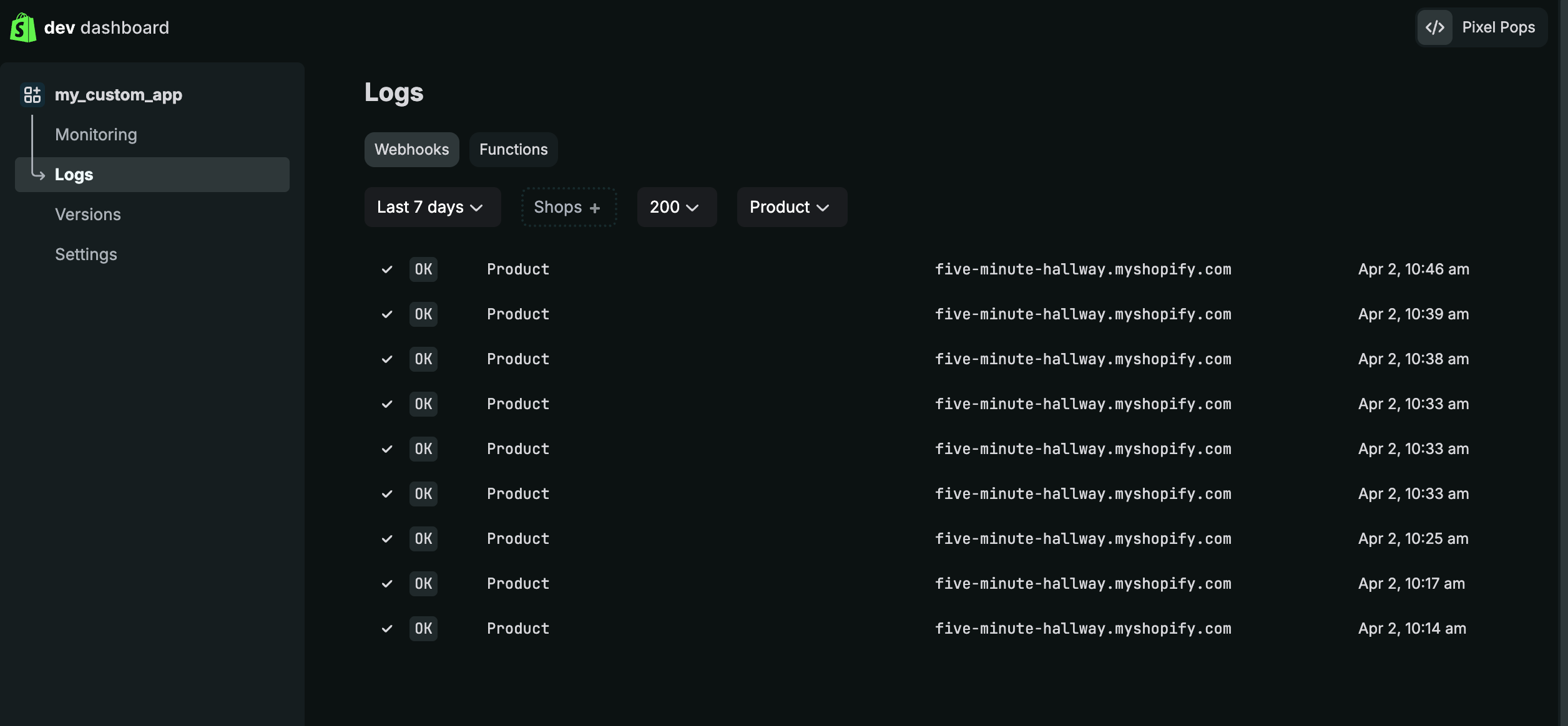 The Logs page in the Dev Dashboard showing a list of Events deliveries for the Product topic, with response codes and timestamps.